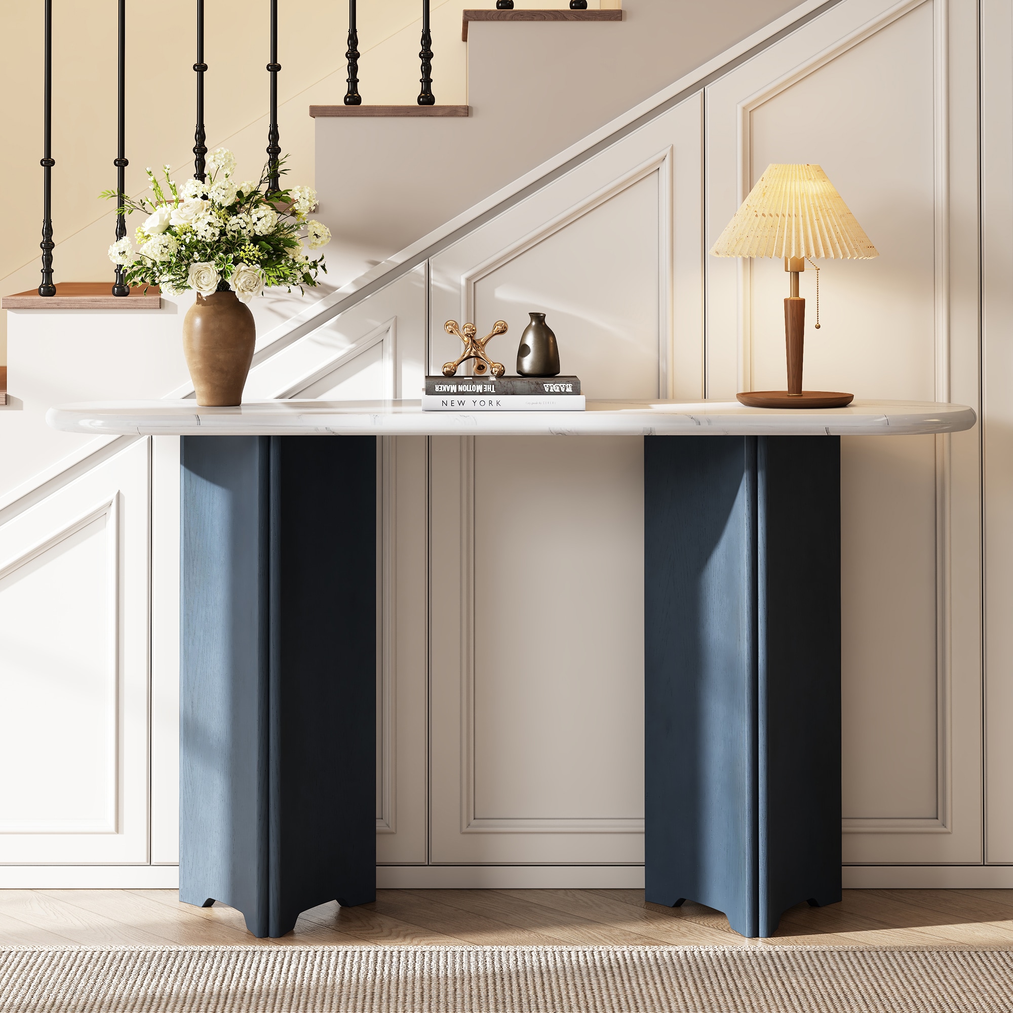 ModernLuxe N715P245728M Narrow Console Table Entryway Table with Oval Faux Marble Top Rustic Sofa Table with Curved Legs Hallway Accent Table for Entrance and Living Room NavyWhite