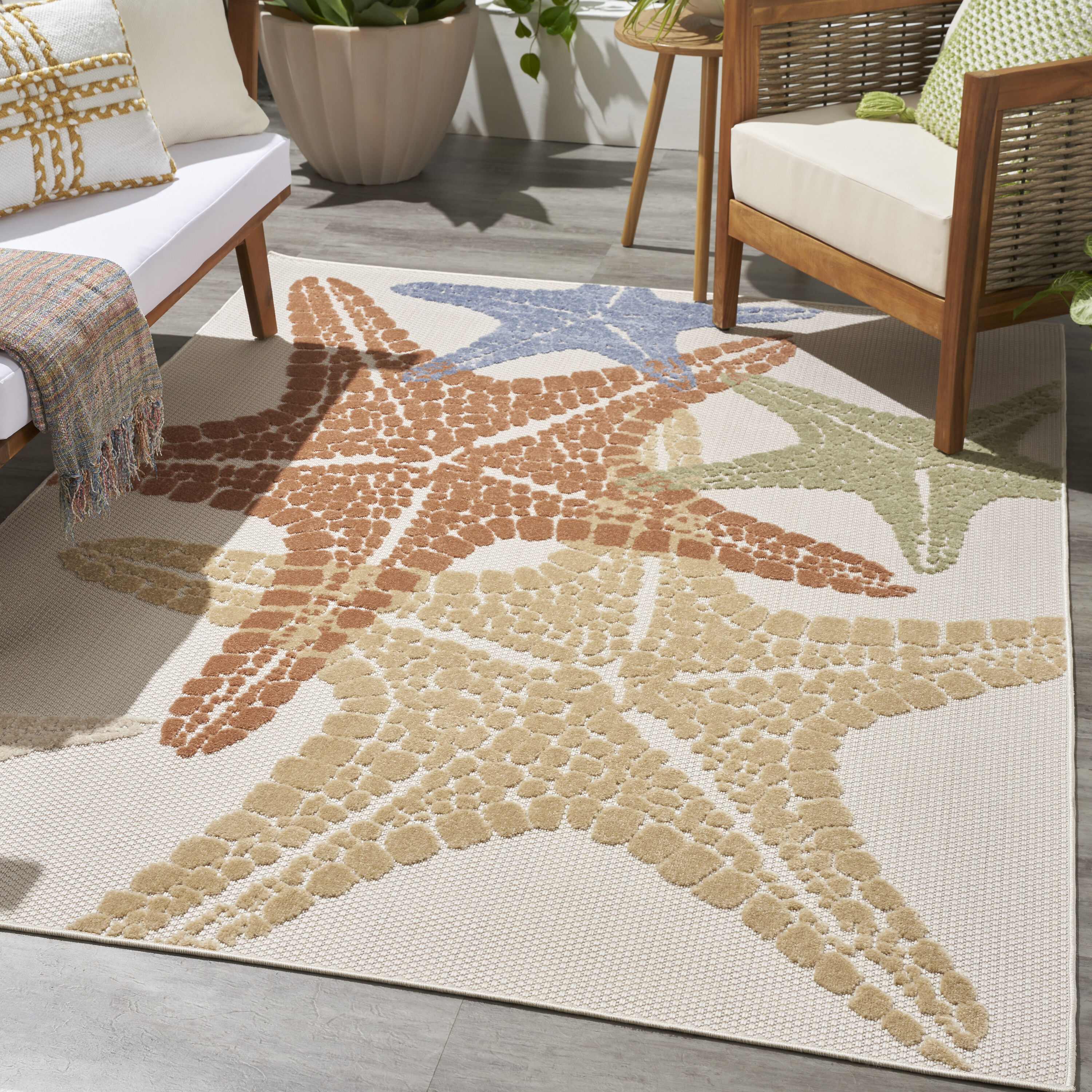 Nourison 099446921826 Aloha 6 x 9 (ft) Loomed Polypropylene Ivory Multicolor Rectangular Indoor/Outdoor Floral/Botanical Area rug