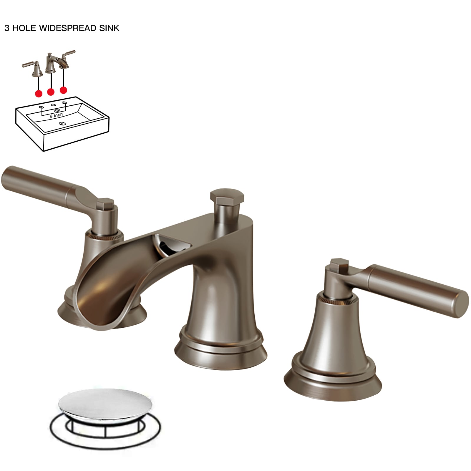 BWE A-916459-N Brushed Nickel Widespread 2-handle WaterSense Waterfall Commercial/Residential Handle Bathroom Sink Faucet