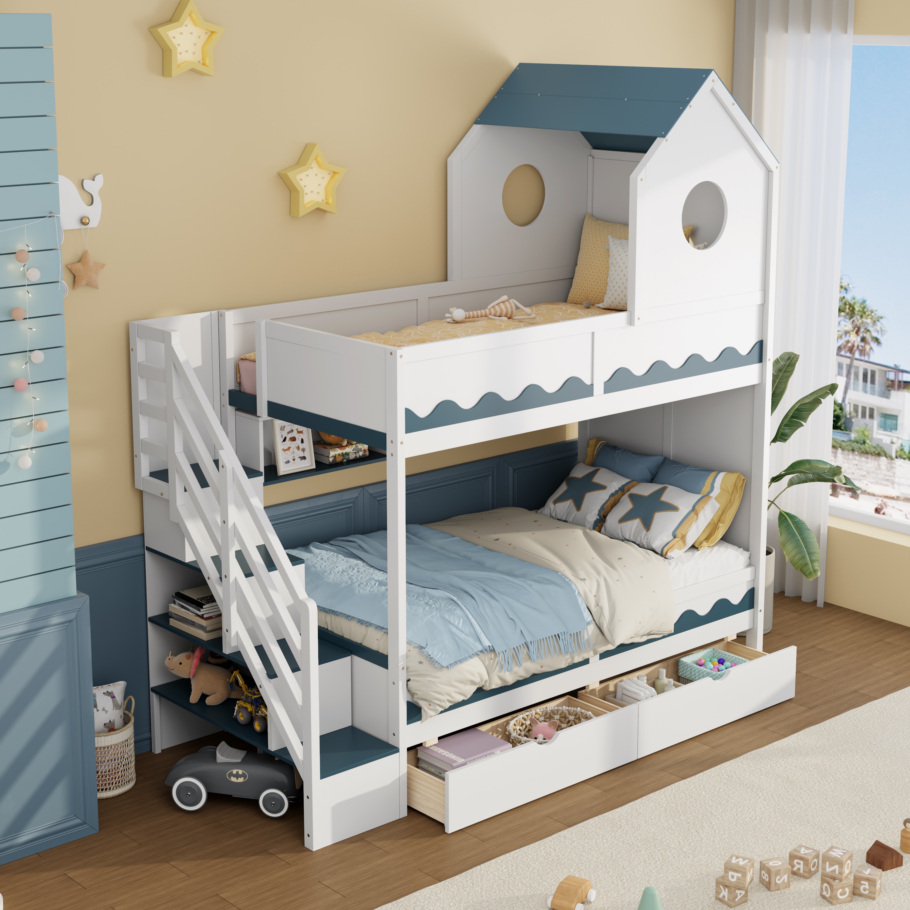 ModernLuxe - Assembly Required Twin Over Twin with  House and Drawer Staircase  LED White