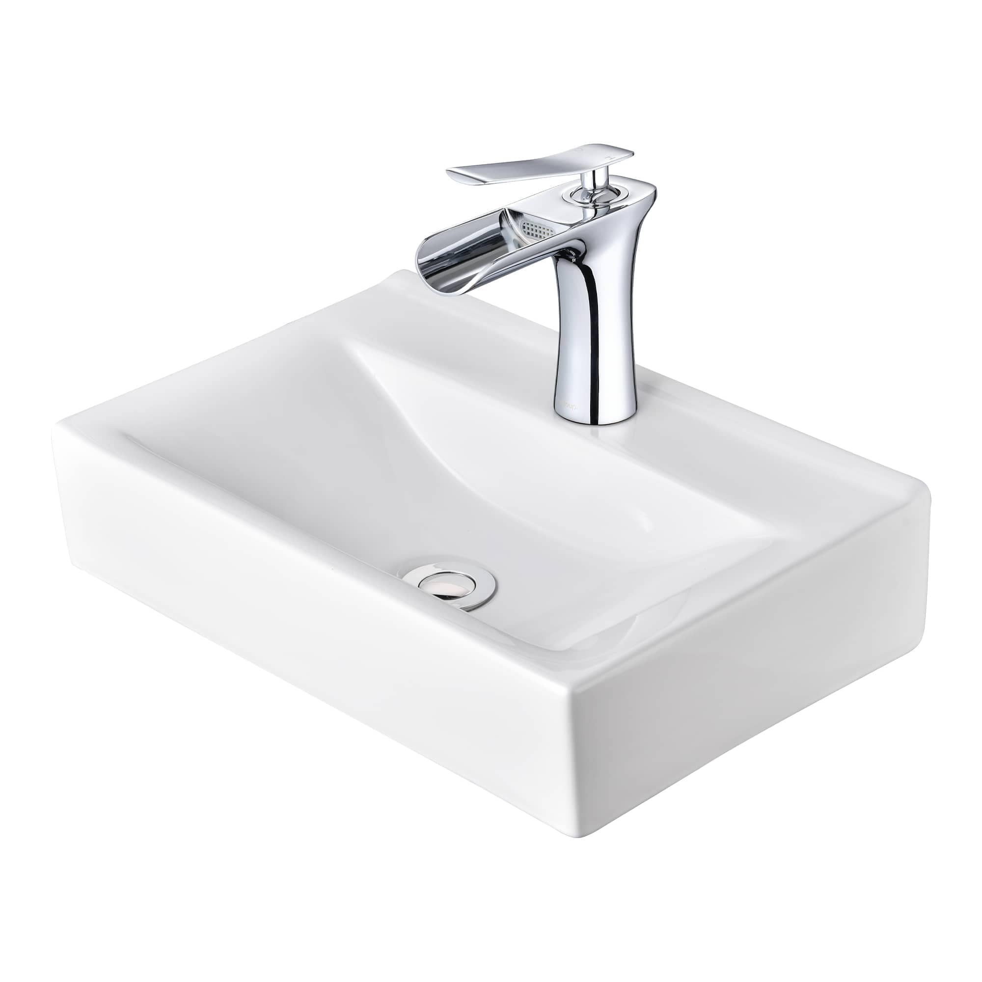 Yescom 80PSKST025-F2-CHR-LO Wall Mount Ceramic Sink with Modern Bathroom Faucet Waterfall Spout Combo