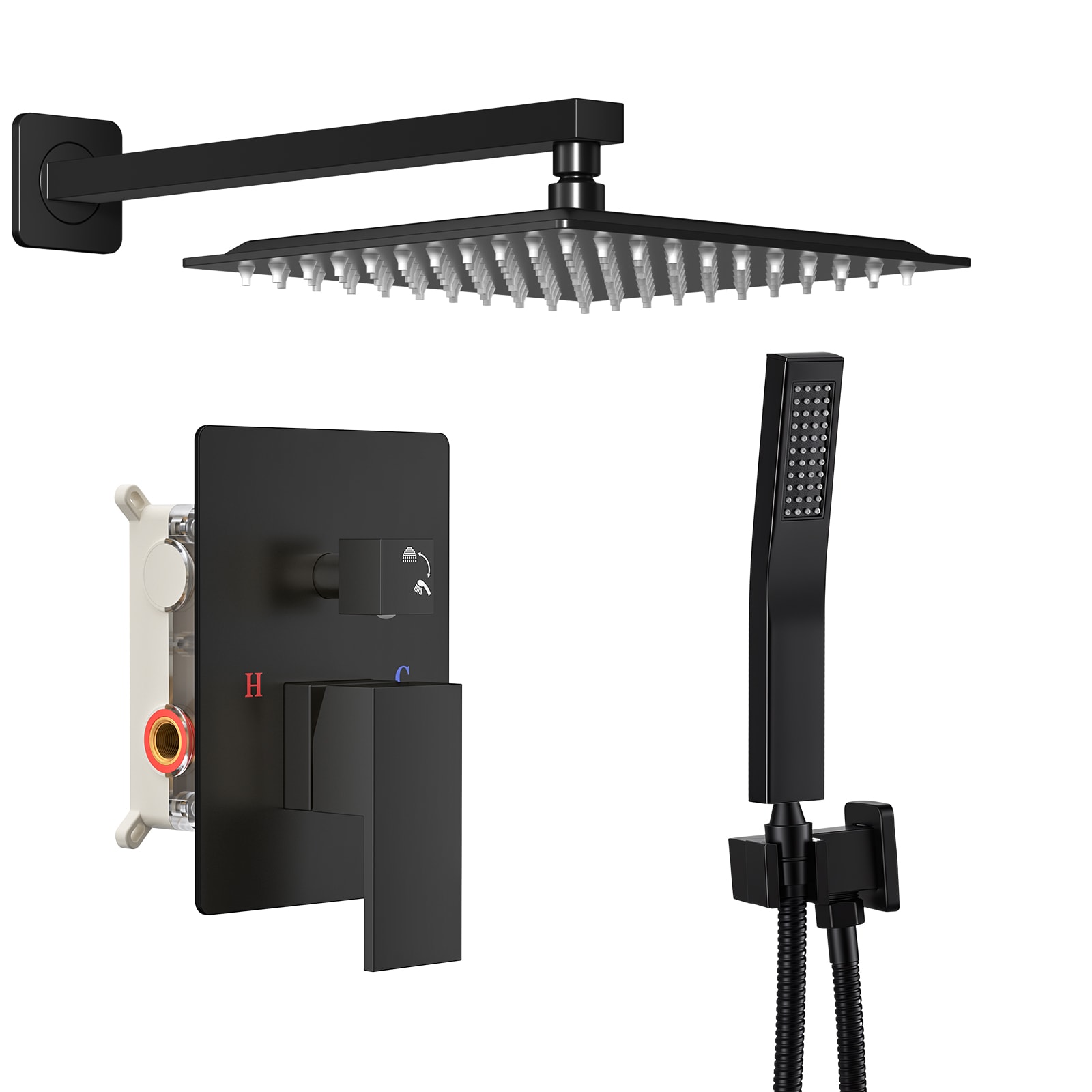 Sweetcrispy Matte Black Shower Faucet System with 10 Inch Square Rain Shower Head and Handle Set Valve Included