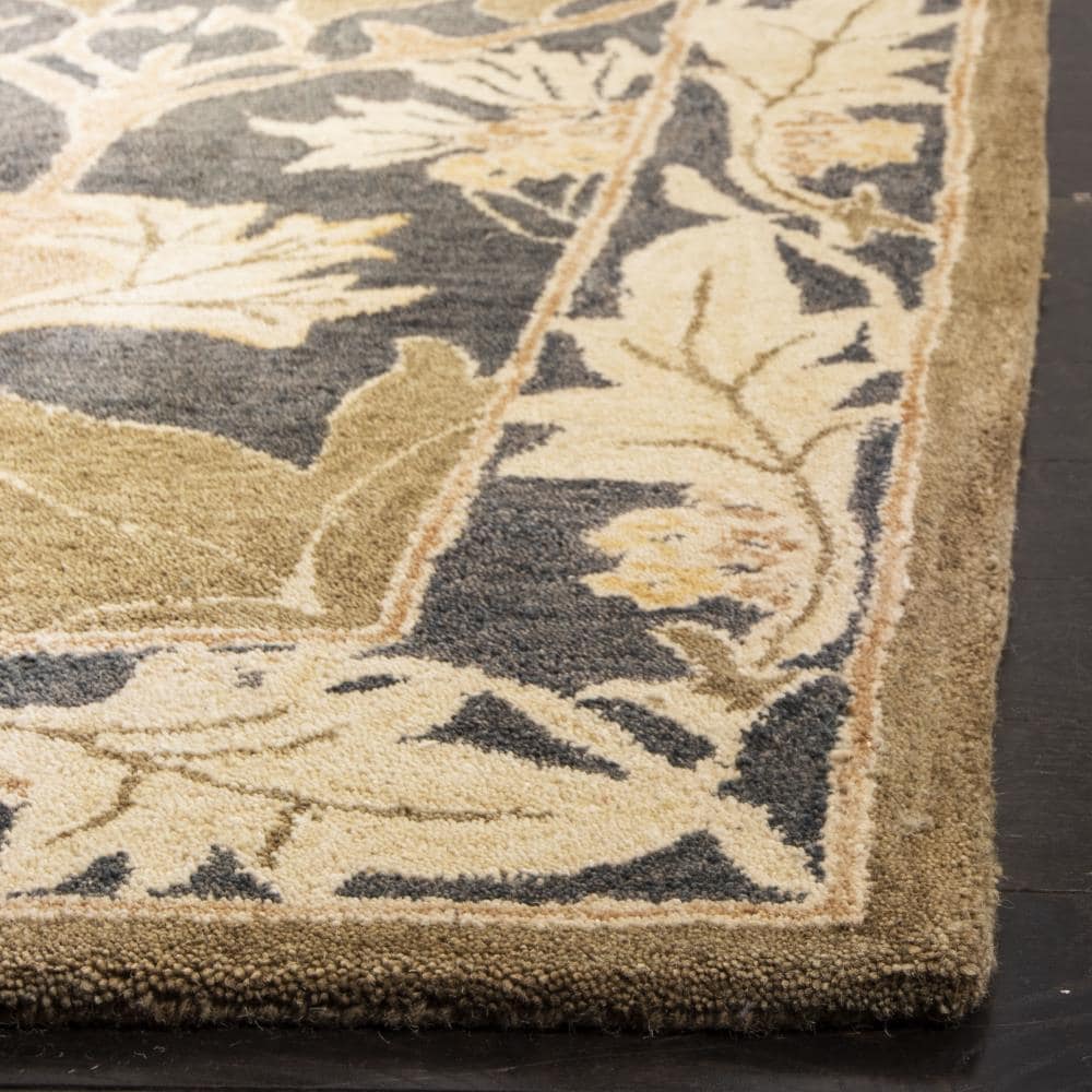 Navy and Sage Floral Wool Tufted Area Rug, 5' x 8'