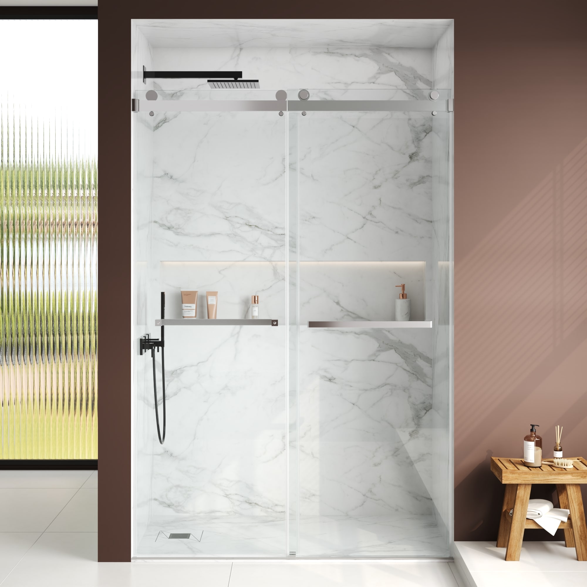 DeerValley - Chrome 46-in to 48-in W x 76-in H Frameless Clear Glass Sliding Soft Close Shower door