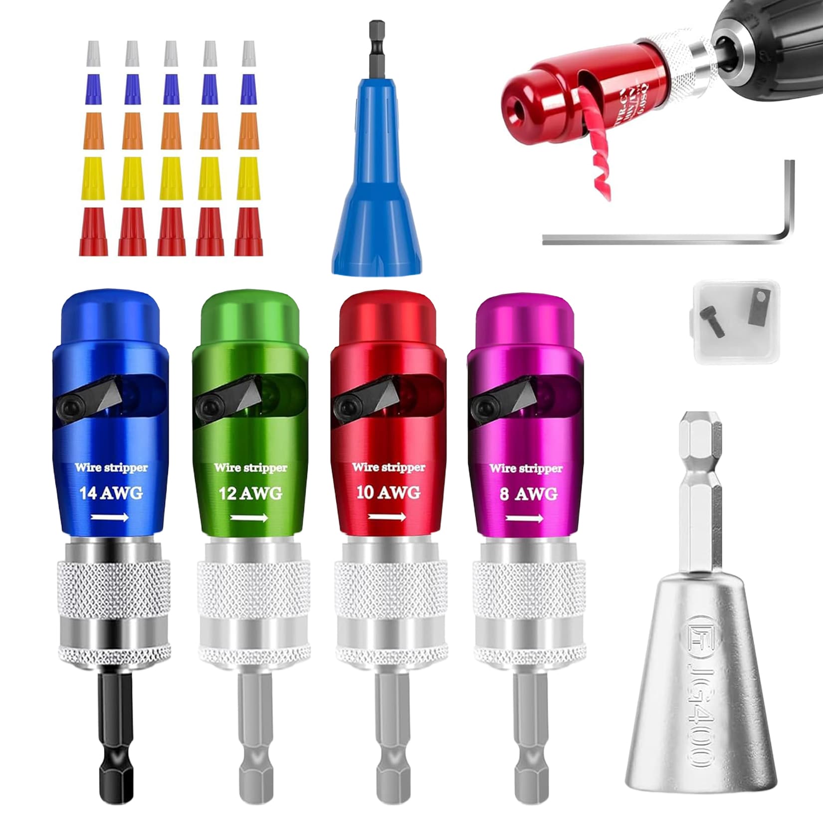 GarveeLife 7 Piece Tungsten Steel Wire Stripper and Drill Bit Set Color Coded AWG with Zinc Alloy Connectors US Standard Electrical Tool Kit in Portable Storage Case for Electricians #LY260812B17