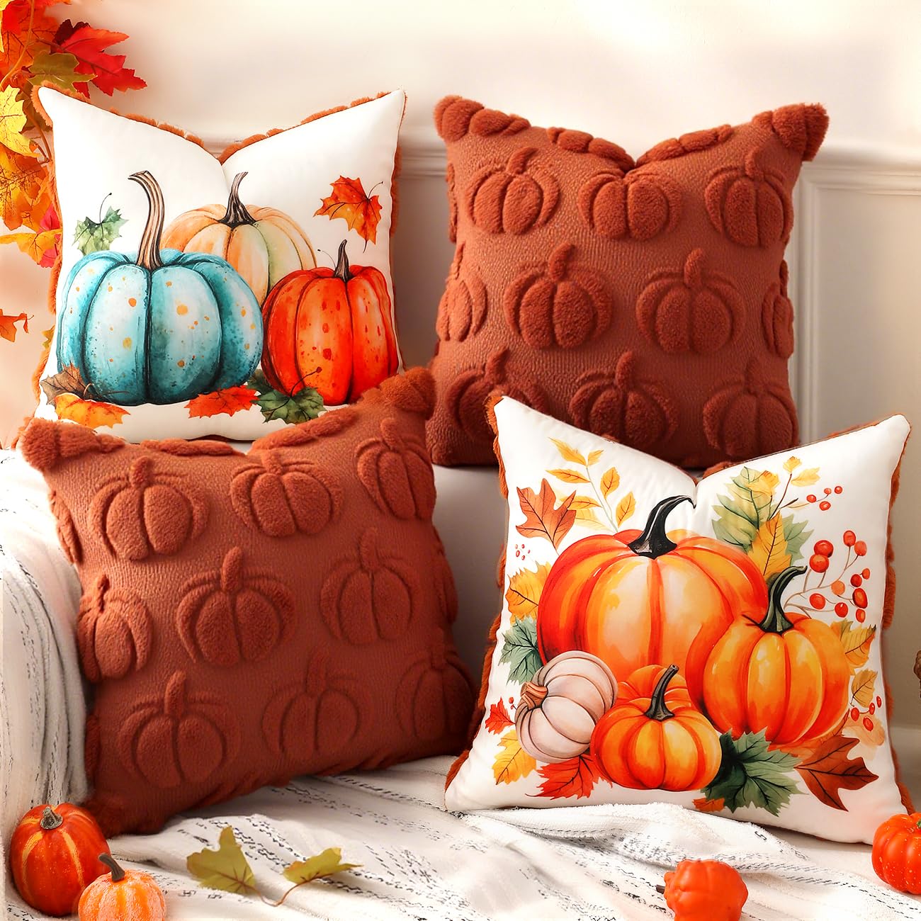 KIWDZFU  Fall Throw Pillow Covers 2 Pack Double Sided Soft Faux Fur Pumpkin Design Velvet Back 18x18 for Indoor Outdoor Autumn Home Decor