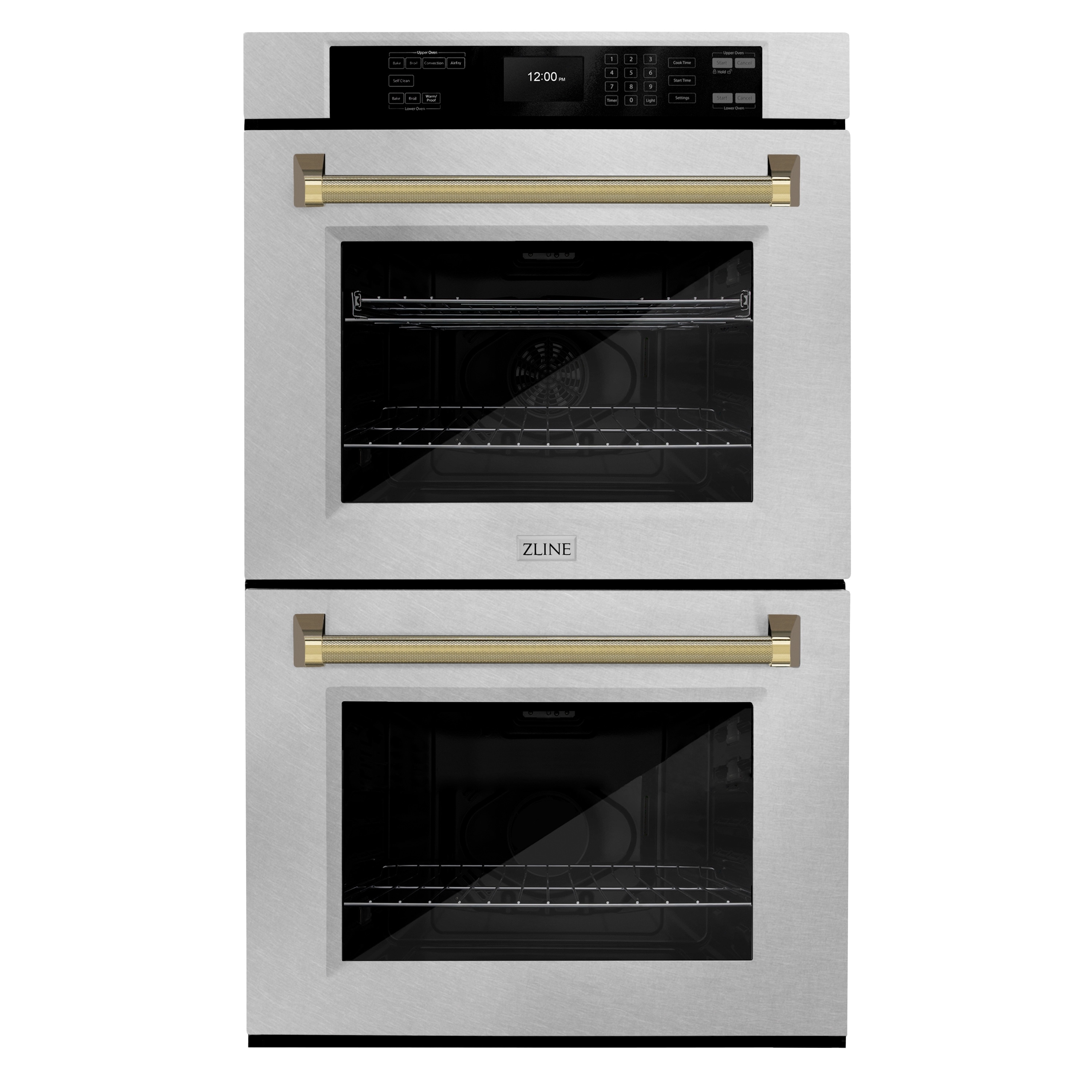 ZLINE KITCHEN & BATH 30 inch Double Electric Wall Oven with Air Fry Self-cleaning ( Satin Stainless Steel, Polished Gold Handle ) #WADSZ-30-KG