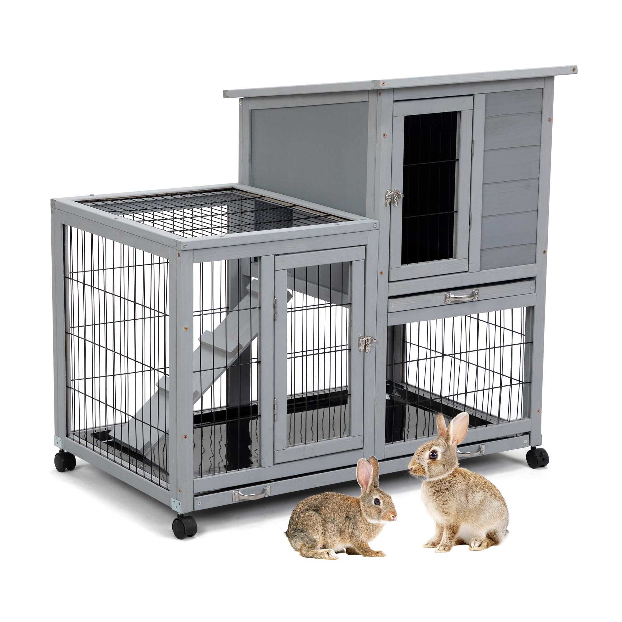 Coziwow Wooden Rabbit Hutch On Wheels 2 Tier Indoor Bunny Cage Cleaning Trays and Run Gray