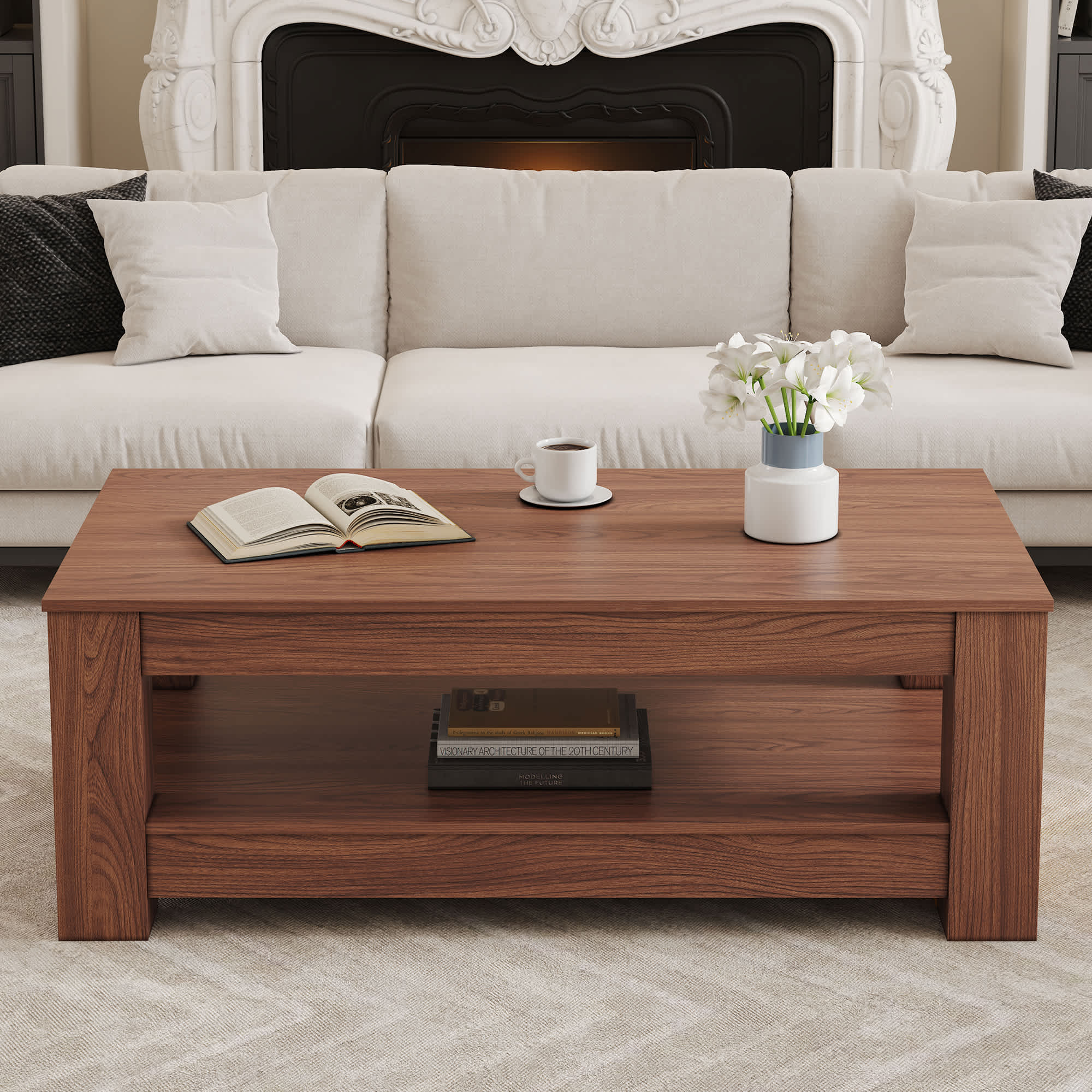 Vynxaria Walnut Natural Wood Rectangular MDF Indoor Coffee Table 2
