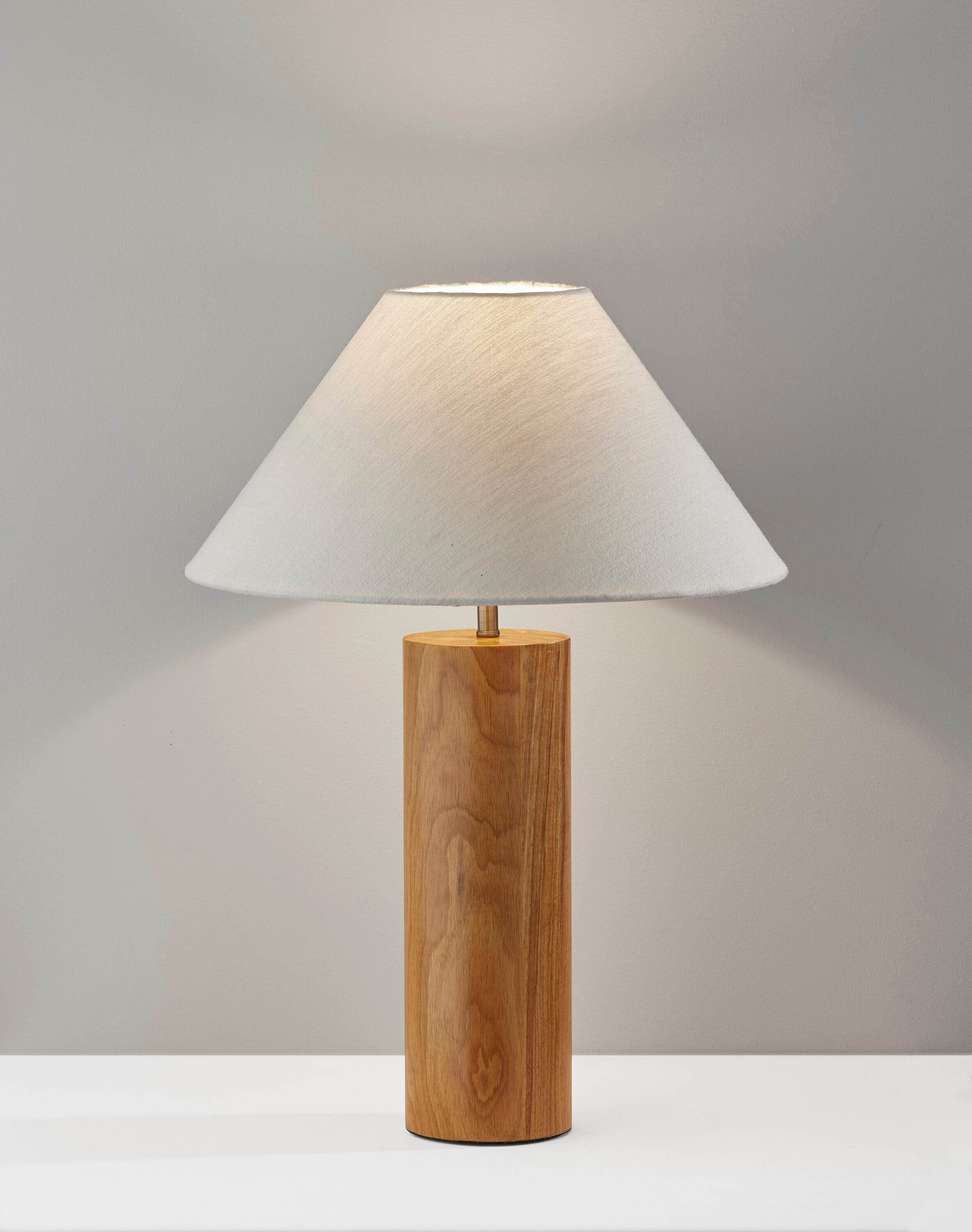Antique Brass and Natural Oak Modern Table Lamp with White Shade
