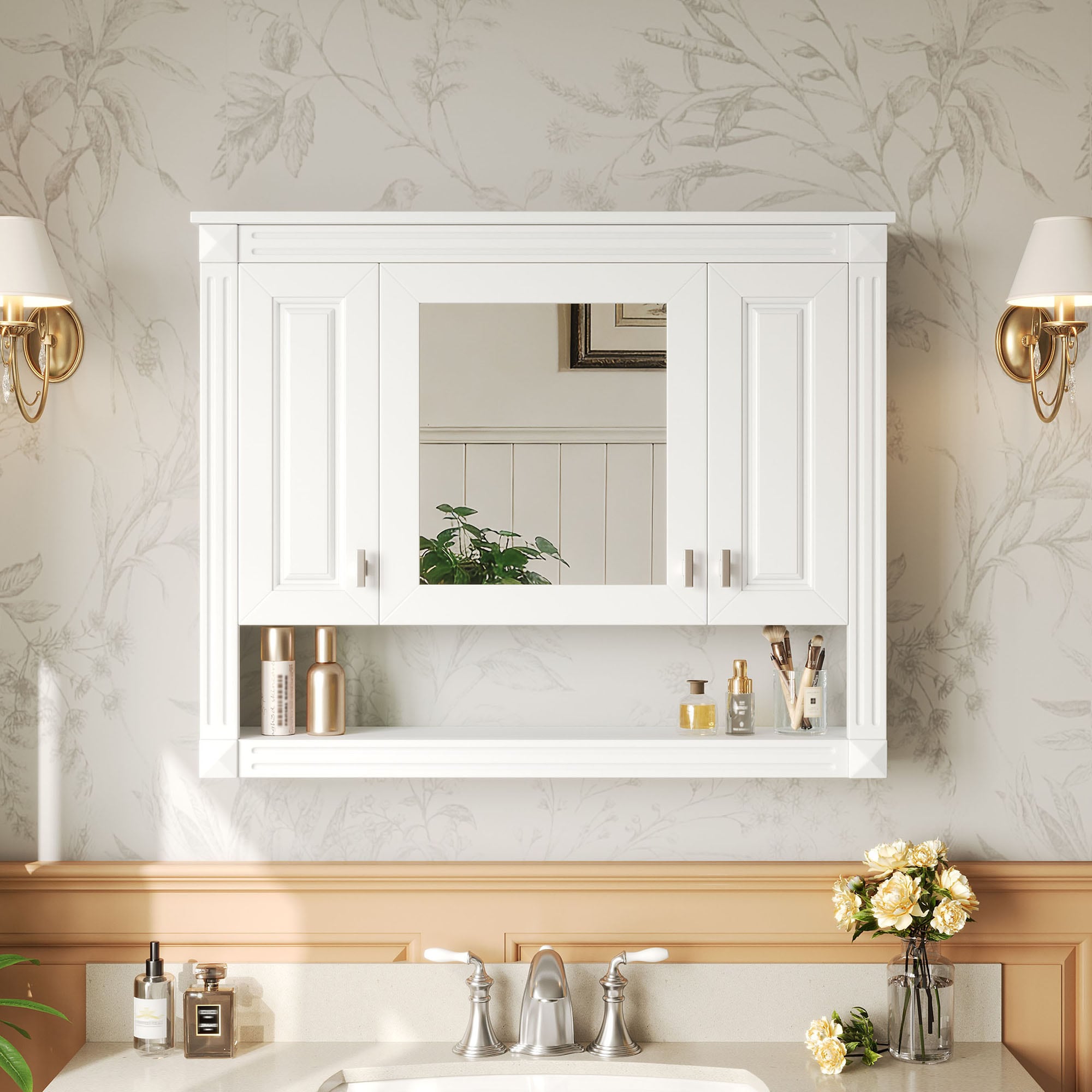 Boho Havens 35inch Bathroom Wall Cabinet with Mirror Wall Mounted Medicine Cabinet with Open Shelf Mirrored Door Over Toilet Storage Cabinet White