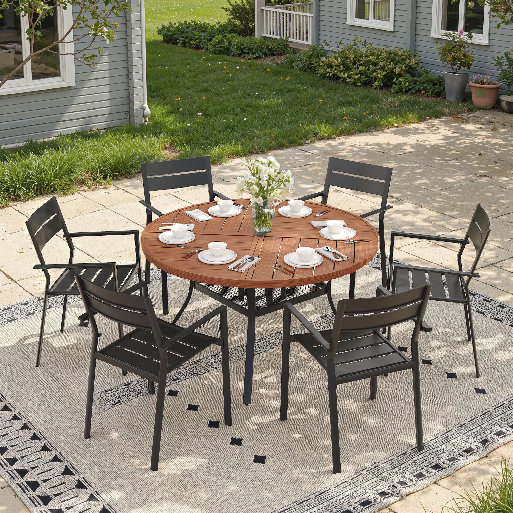 VICLLAX 6-Person Outdoor Round Table and Chairs 7 -Piece Black Patio ...