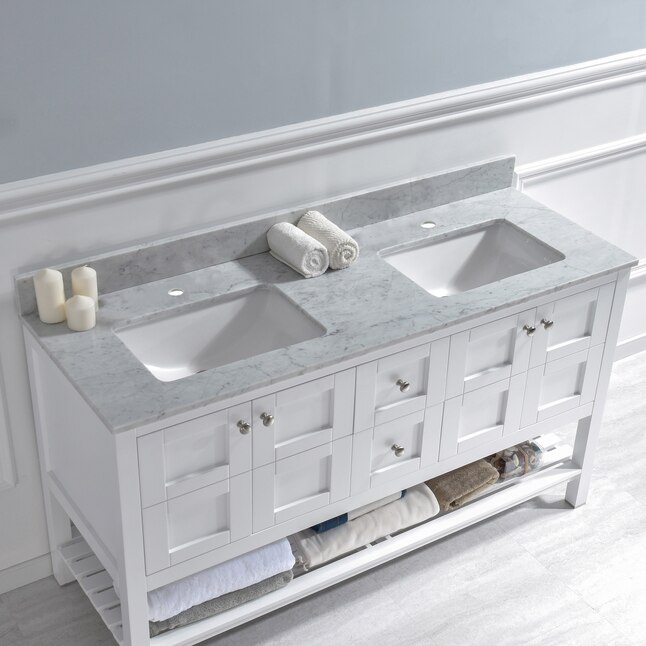 Leicester 61 in. W x 22 in. D Double Basin Engineered Quartz Marble Vanity Top in Carrara White with White Basins Leicester 61 in. W x 22 in. D Double Basin Engineered Quartz Marble Vanity Top in Carrara White with White Basins