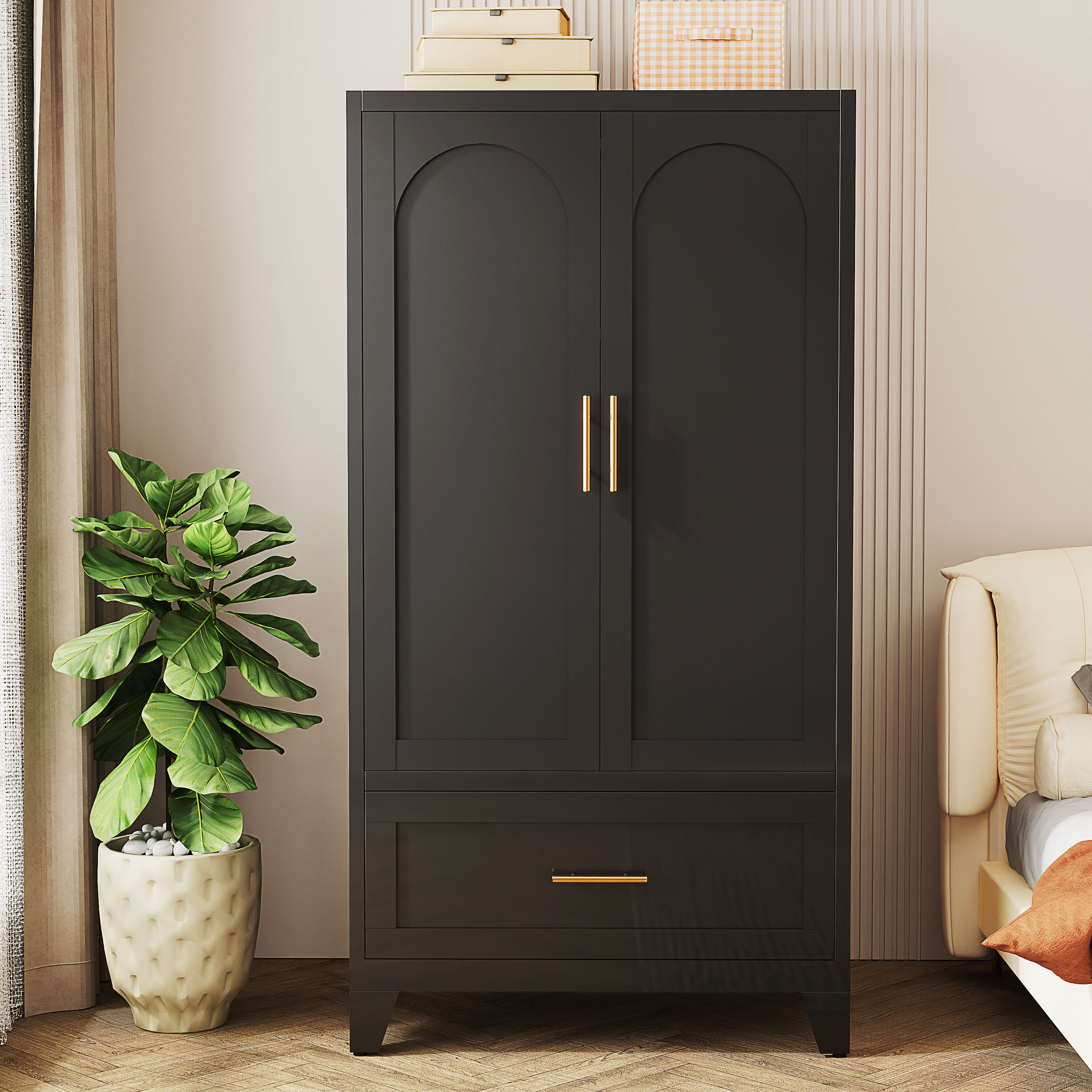 Beedesign  60 Inch Tall Metal Wardrobe Cabinet with 1 Drawer and Hanging Rod 2 Doors Wardrobe Closet with Shelf for Bedroom Office Laundry Room Entryway Foyer Guesthouse Black