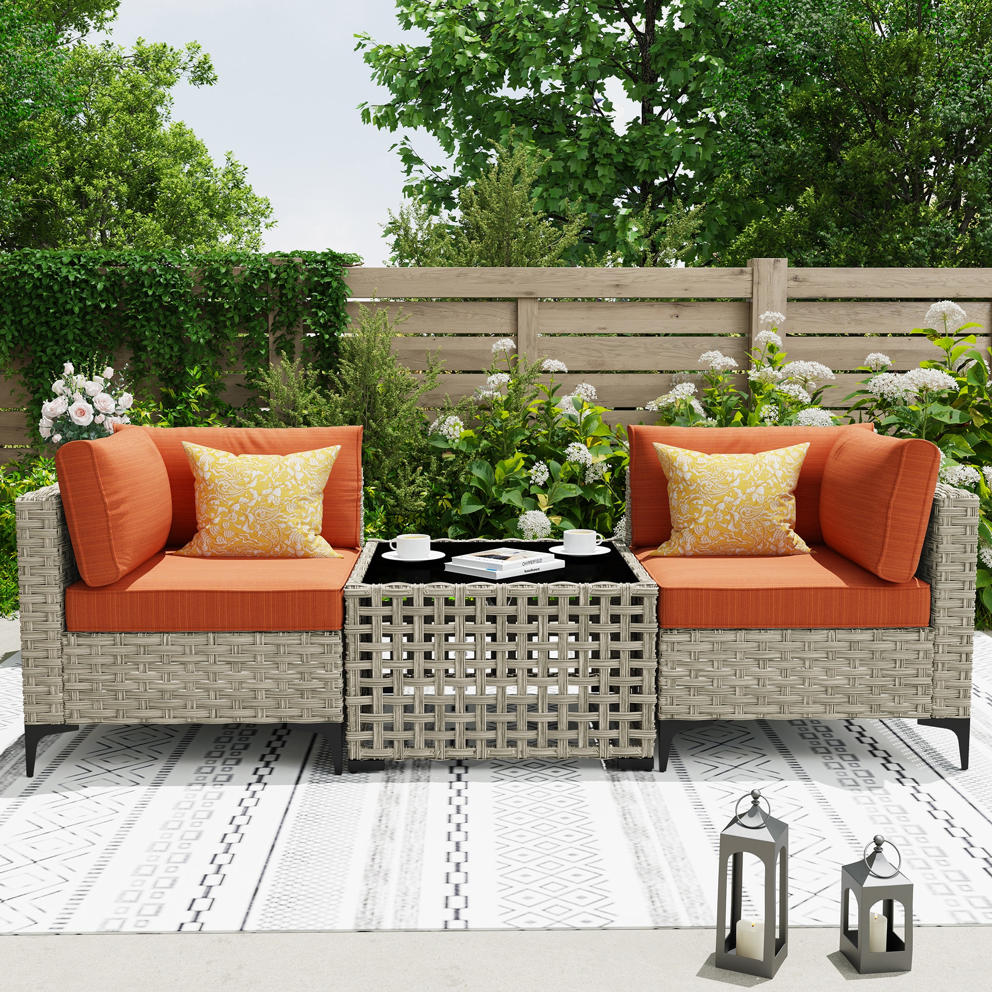 Caodoc L5-VNC800-3-1 SKT Rattan Outdoor Sectional with Red Cushions and Wicker Frame