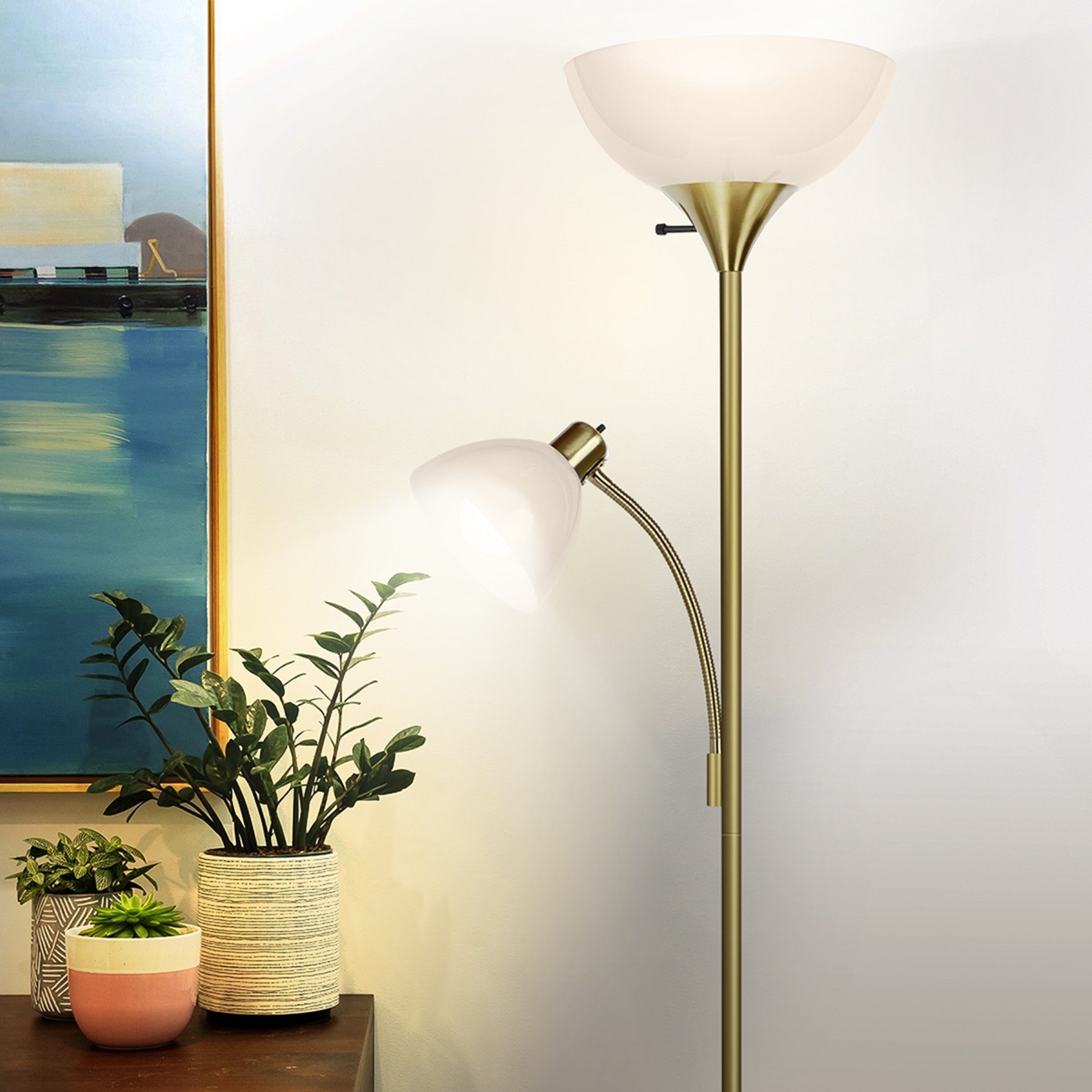 AloaDecor Lighting 1-Light Antique Brass Gold Arc Floor Lamp with  Hand-woven Bamboo Shade in the Floor Lamps department at