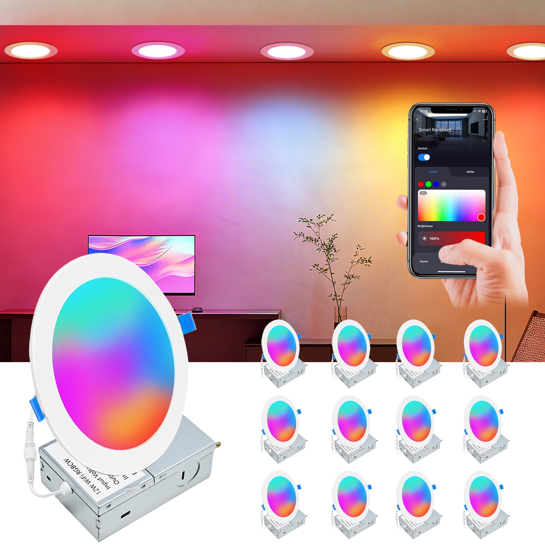 Honbei 12 Pack of 6 Inch 1050 Lumens Smart LED Recessed Lighting Color Changing Downlight
