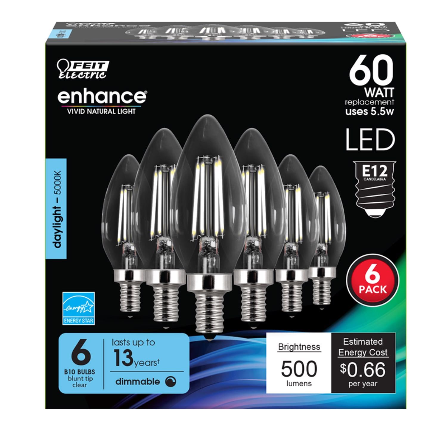 Feit Electric EJD3006782 B10 E12 Candelabra Filament LED Bulb Daylight 60 Watt Equivalence 6 pk
