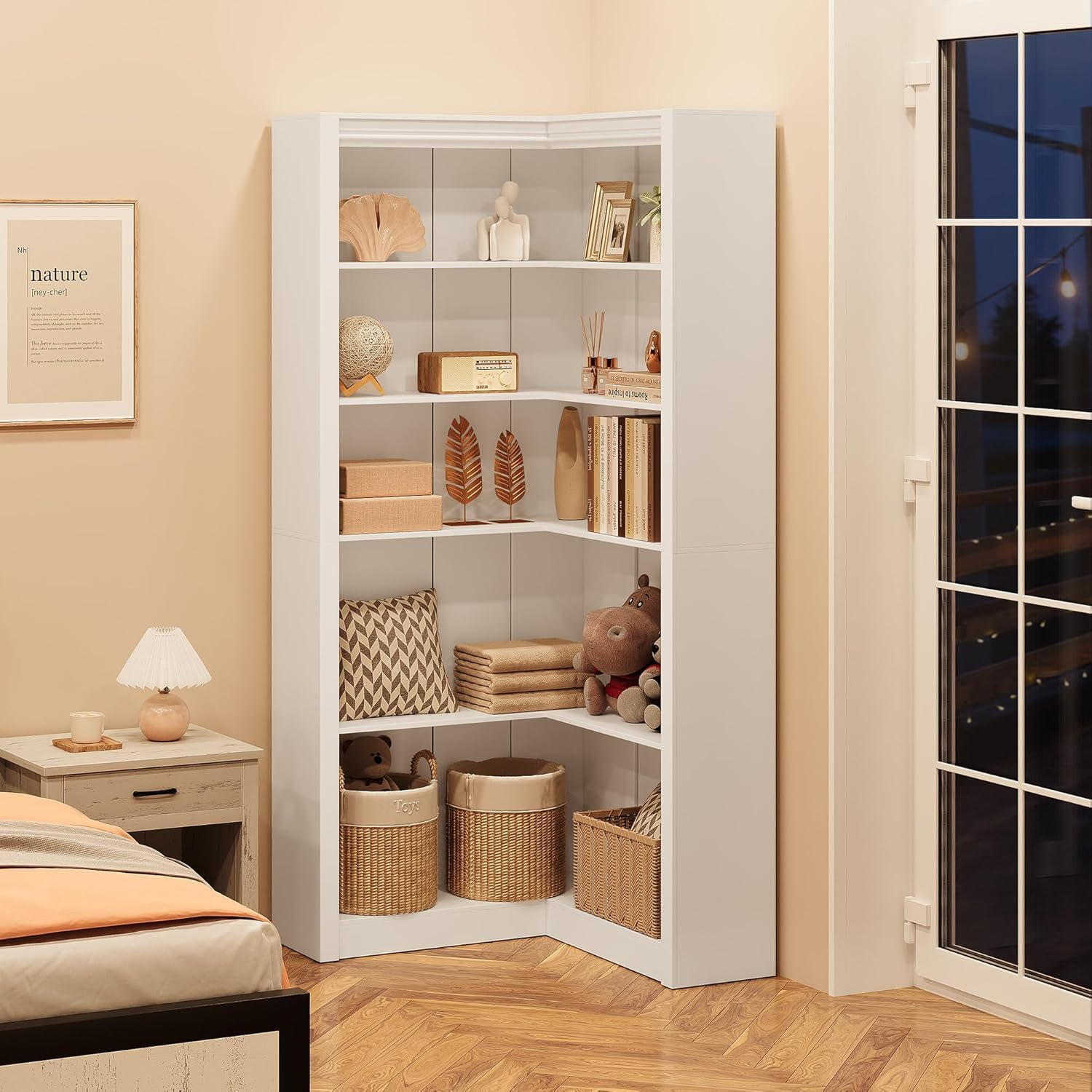 Qeetex QET-BKC-D1006 71.8 Inch Corner Bookshelf 5-Tier Wooden Farmhouse Bookcase w/Anti-Tipping Kit Storage Organizer L-Shaped Large Display Shelf w/Thickened Boards for Home Office Living Room