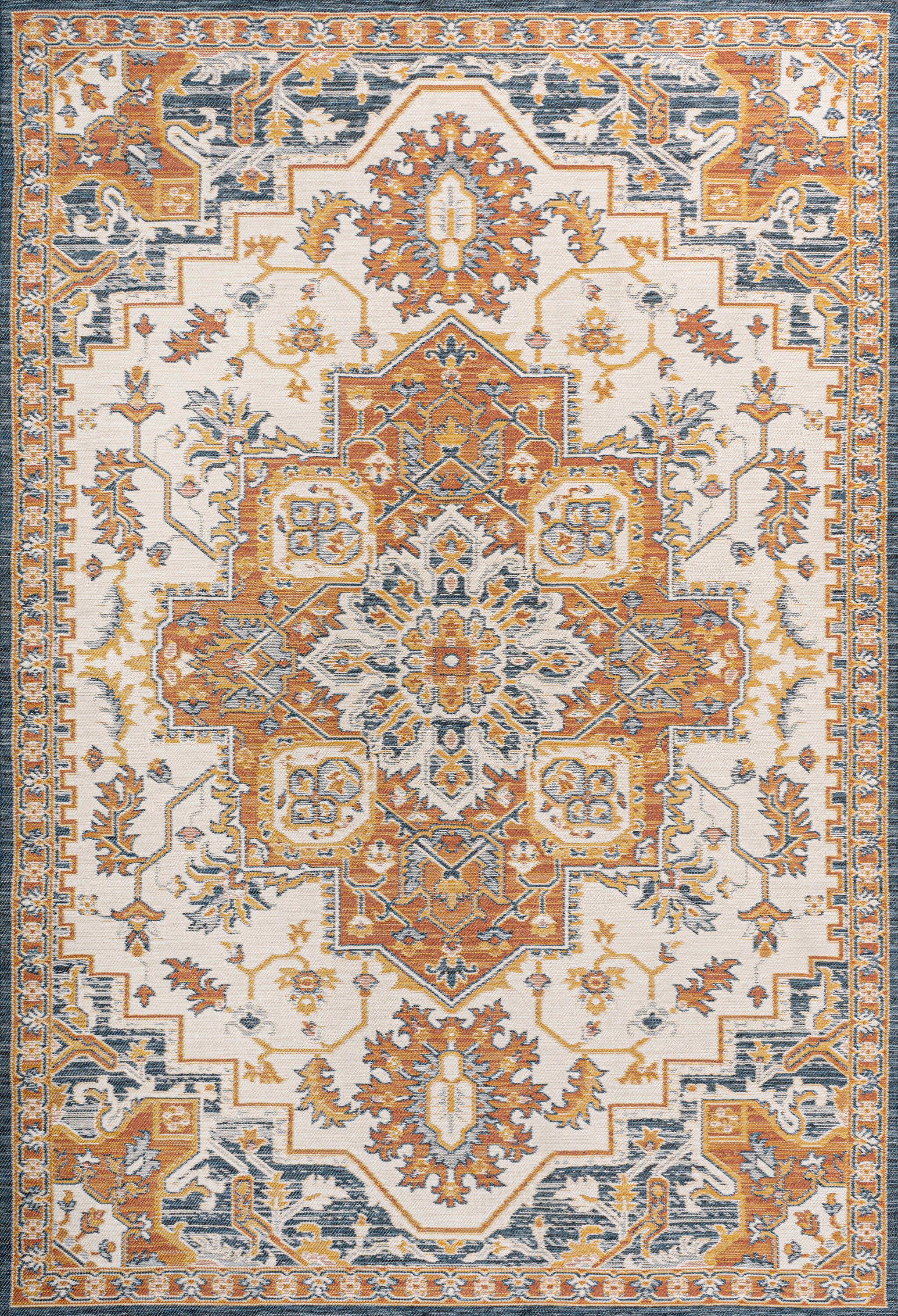 Bijan Terra Blue Cream Medallion Washable Reversible Rug 5x8