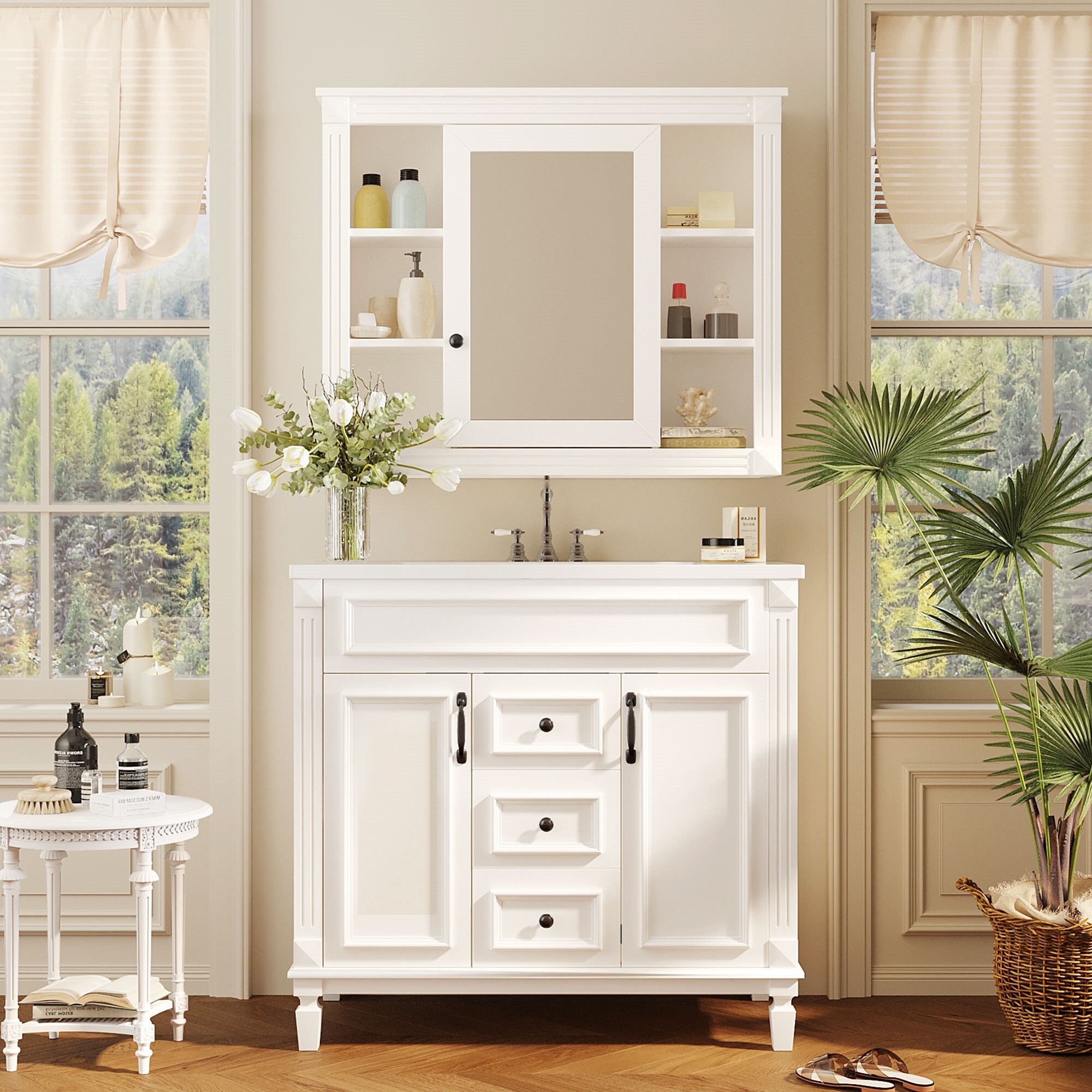 GDFStudio Modern 36 Inch Bathroom Vanity Set with Top Ceramic Sink and Mirror Cabinet with 2 Soft Closing Doors and 2 Drawers - White