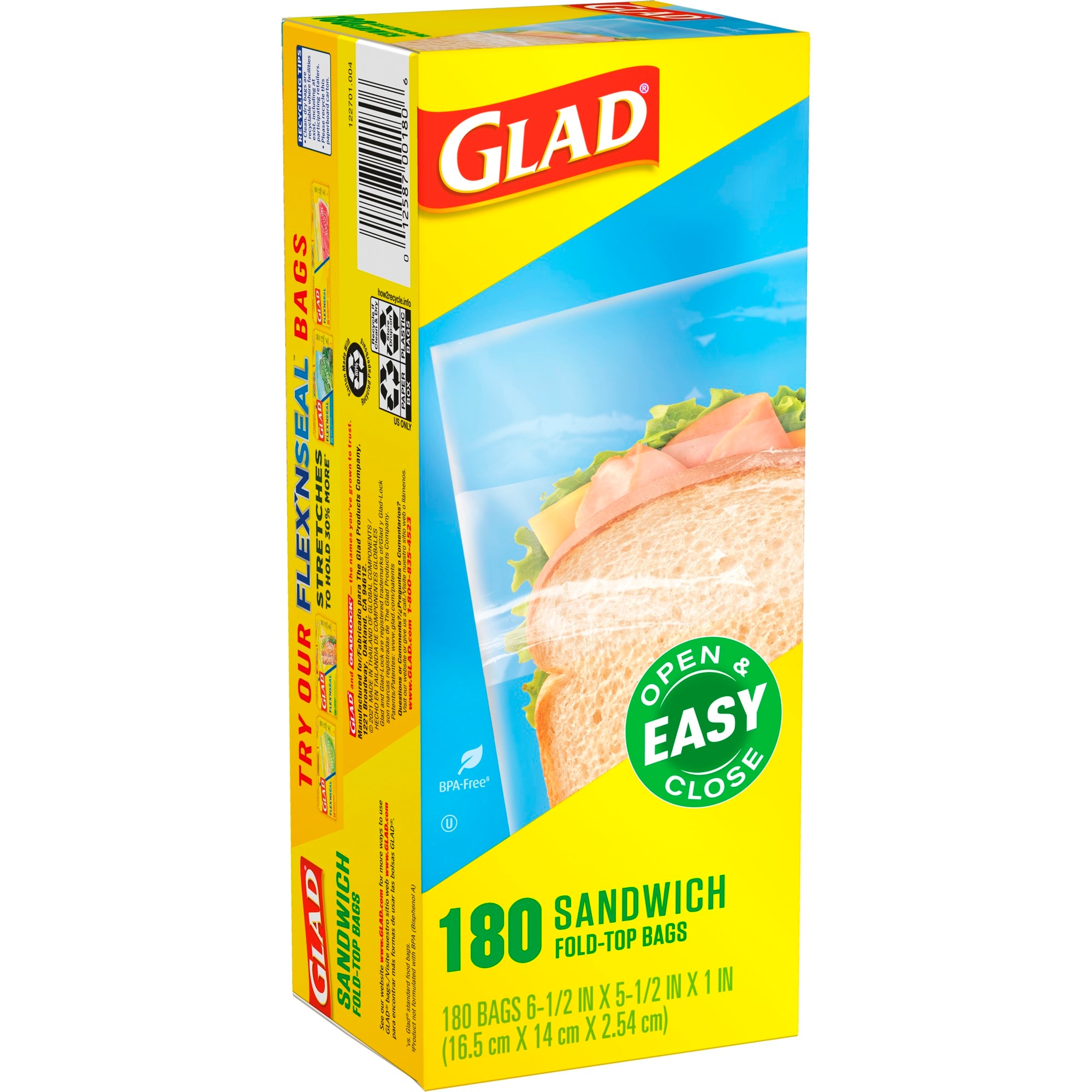 Glad Fold Top Food Storage Sandwich Bags, 180 Count 