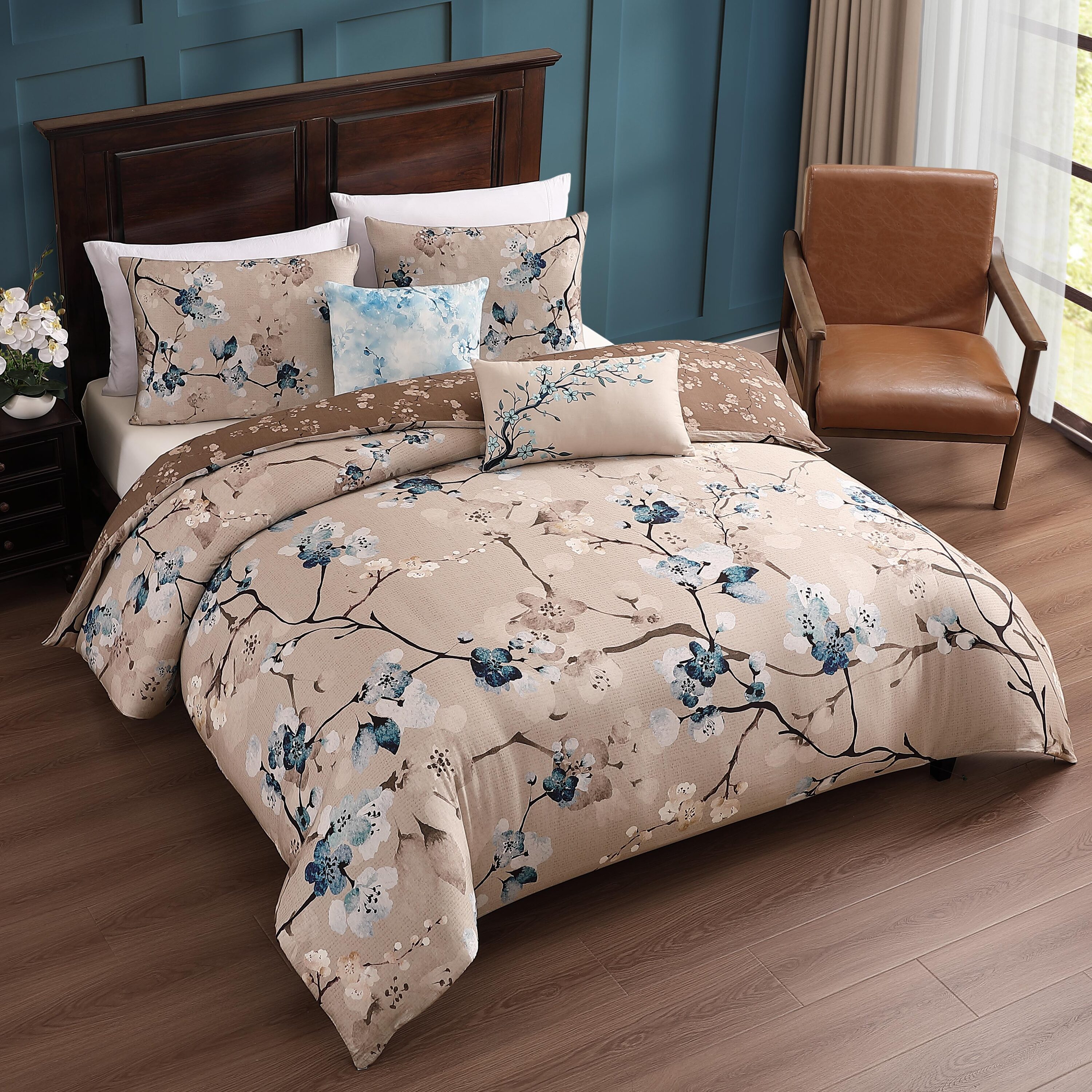 King Taupe Cotton Reversible Blossom Comforter Set