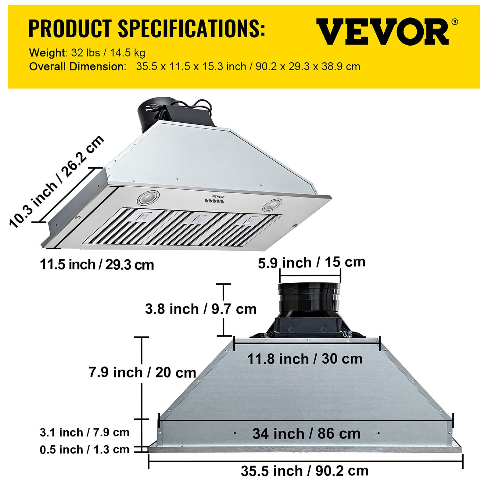 EALLMALL FC-36 Range Hood Vent Insert 36 inch 3 speed Stainless