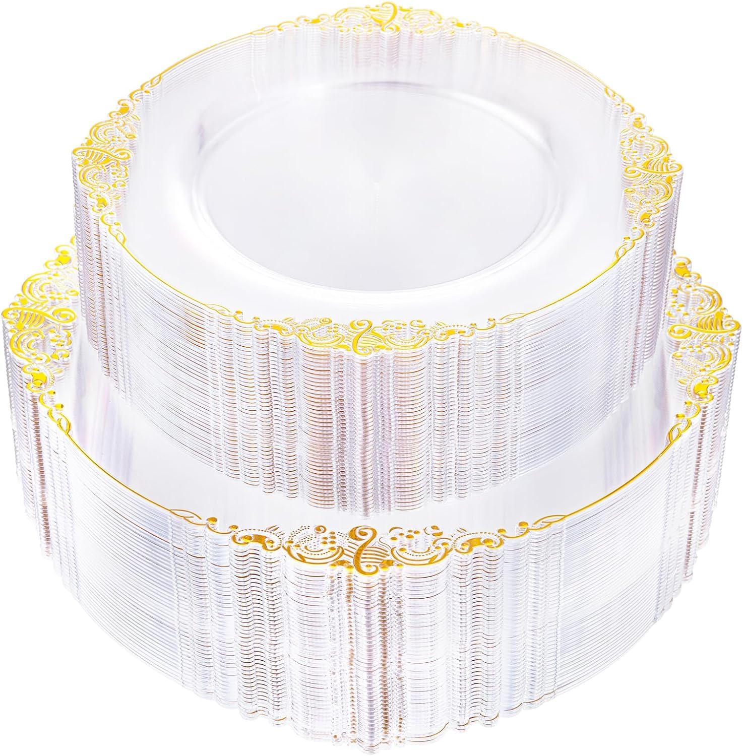 Aoibox  Clear Gold Rim Disposable Dinner and Dessert Plates Heavy Duty Food Grade BPA Free Wedding Set of 102