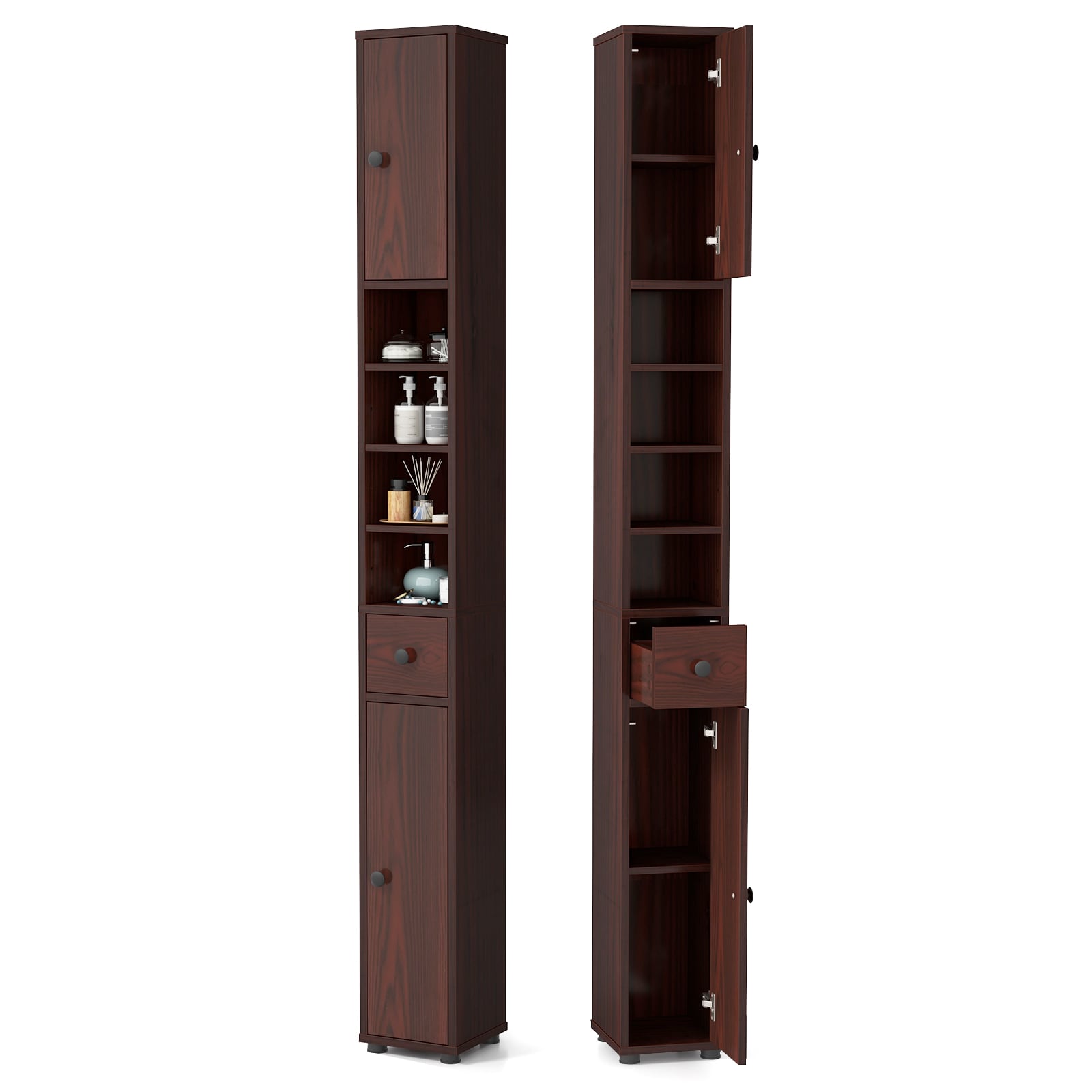 SUGIFT Slim Freestanding Bathroom Storage Organizer 8-in x 8-in x 71-in 2 Cabinets 5 Compartments 1 Drawer Adjustable Shelves Floor Cabinet