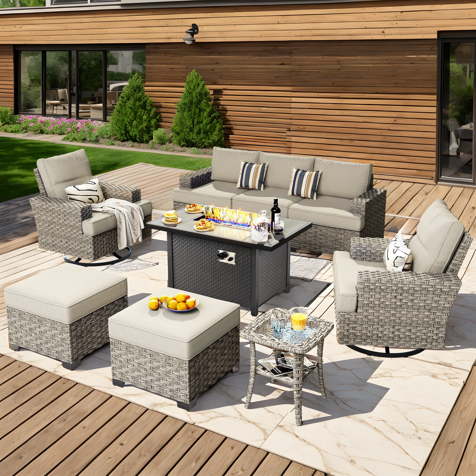Caodoc L5-CFP03-YZTBS609-1 CFP03-YZTBS Rattan Outdoor Sectional with Beige Cushions and Wicker Frame