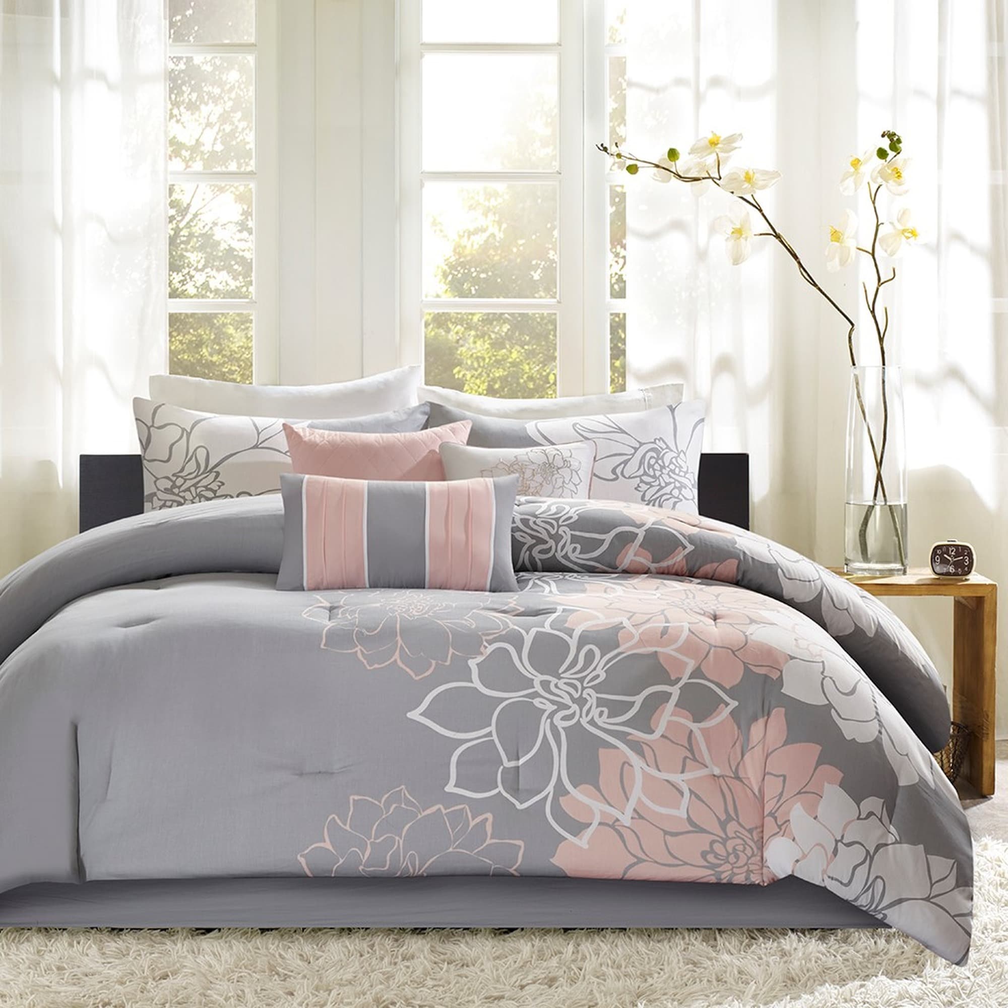 HyperDrop Cart Cal King Grey/Peach Cotton Sateen Printed Comforter Set - Hotel-Grade for Master Bedroom