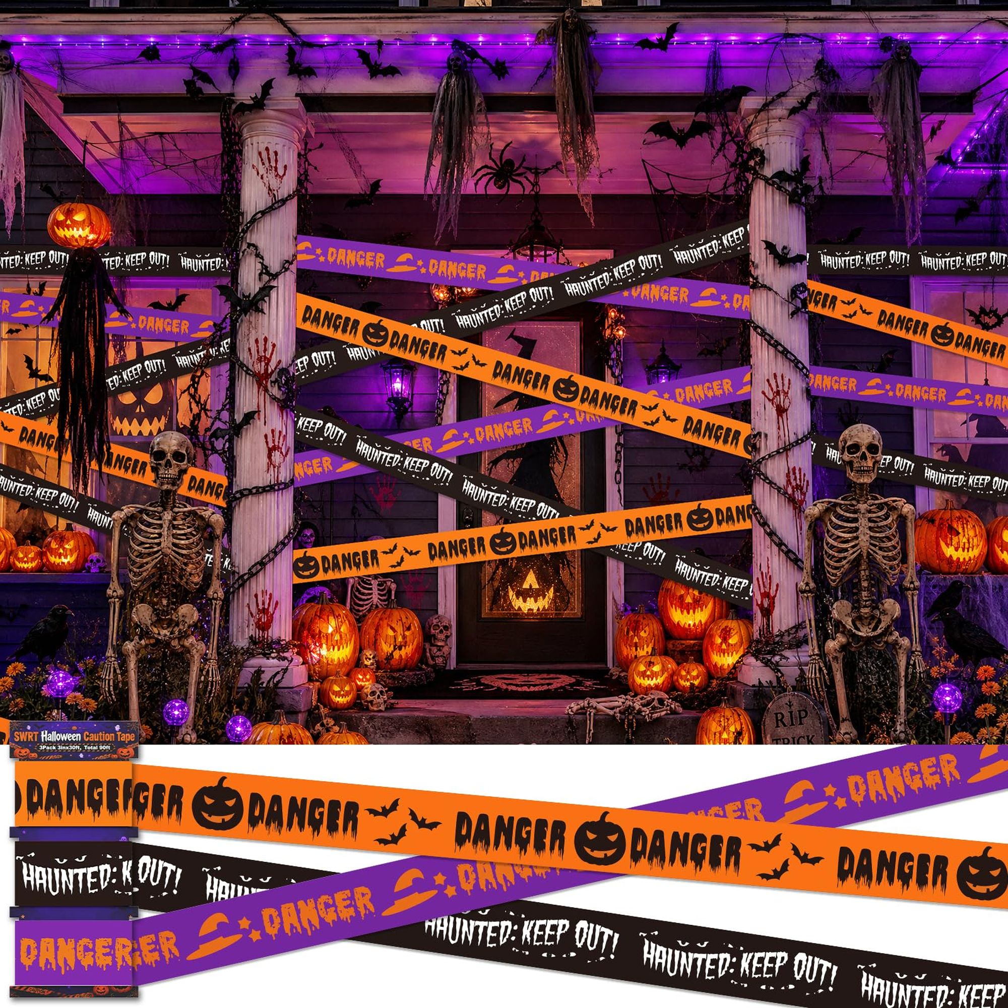Numhew 3in x 30 ft 3 Pack Black Orange Purple Halloween Caution Tape
