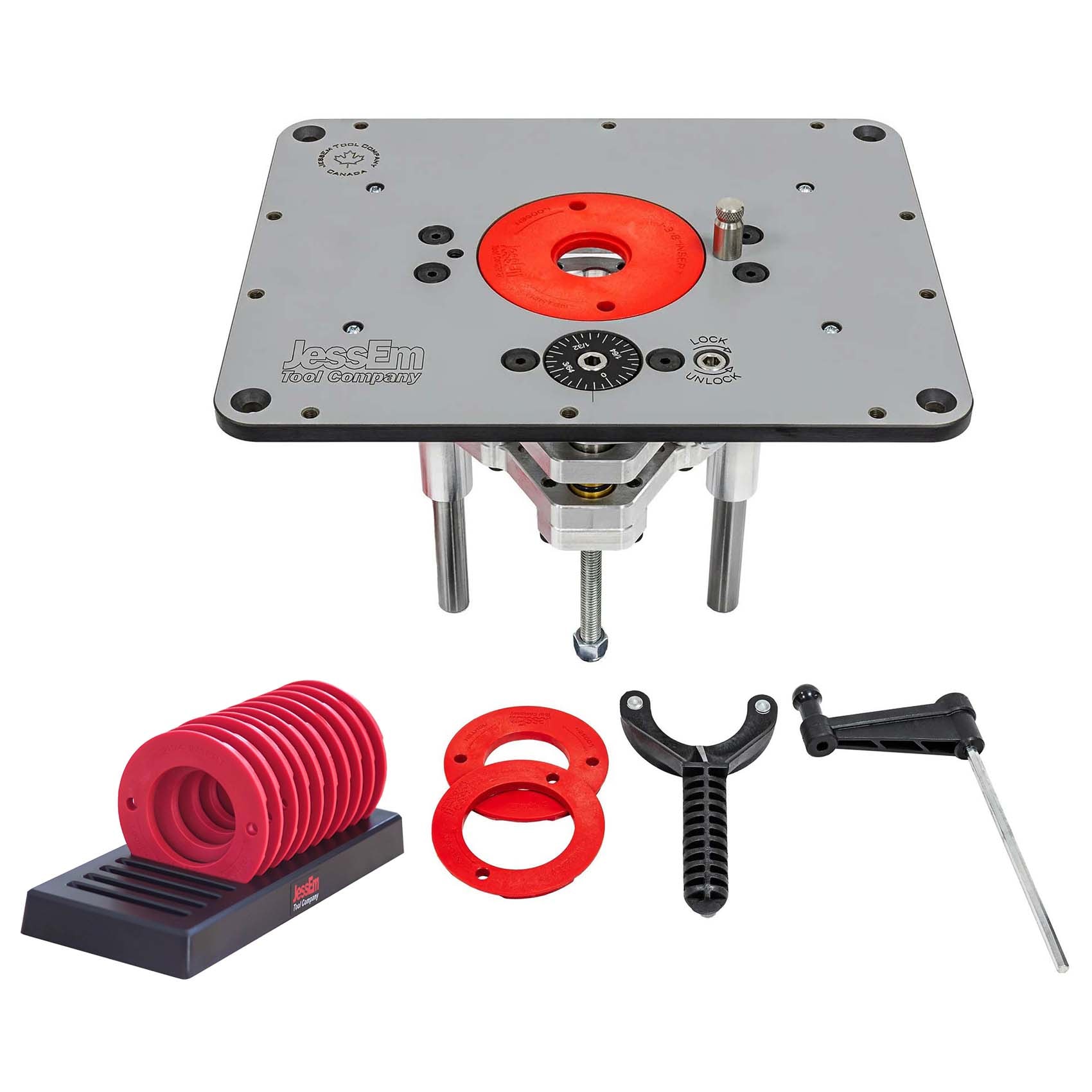 JessEm 0231002030 02310 Rout-R-Lift II for 3.5'' Diameter Motor Routers with 10 Piece Insert Ring Kit with Caddy 0231002030