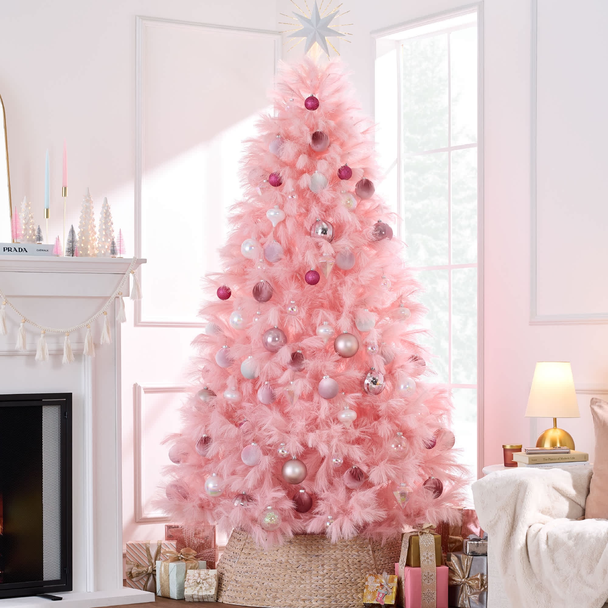 Best Choice Products  7.5ft Premium Artificial Pink Pampas Christmas Tree Holiday Decor w/ Foldable Metal Base