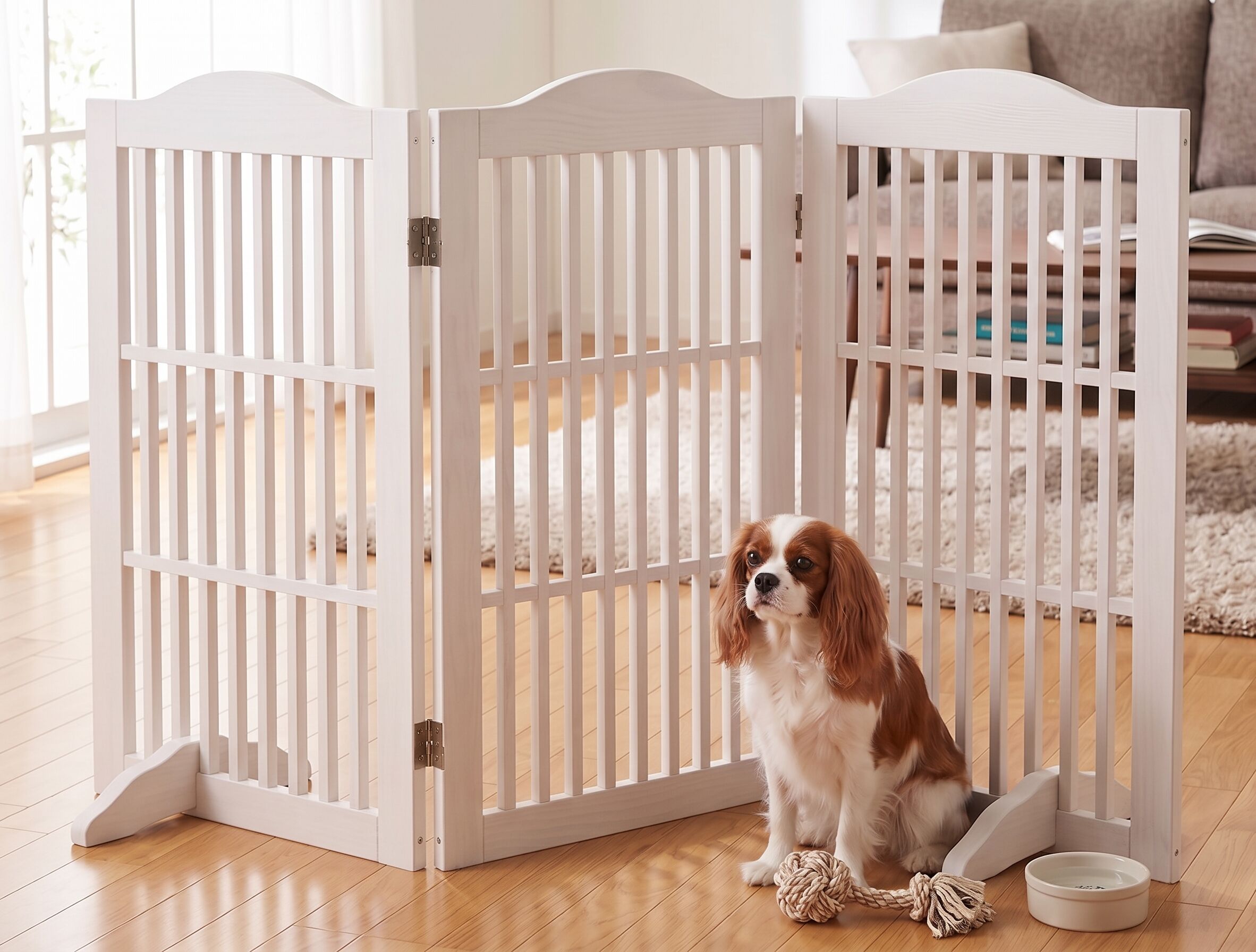 JUSHUA - 30 inch White Freestanding Foldable Solid Wood Pet Gate with 3 Panels for Doorways and S...