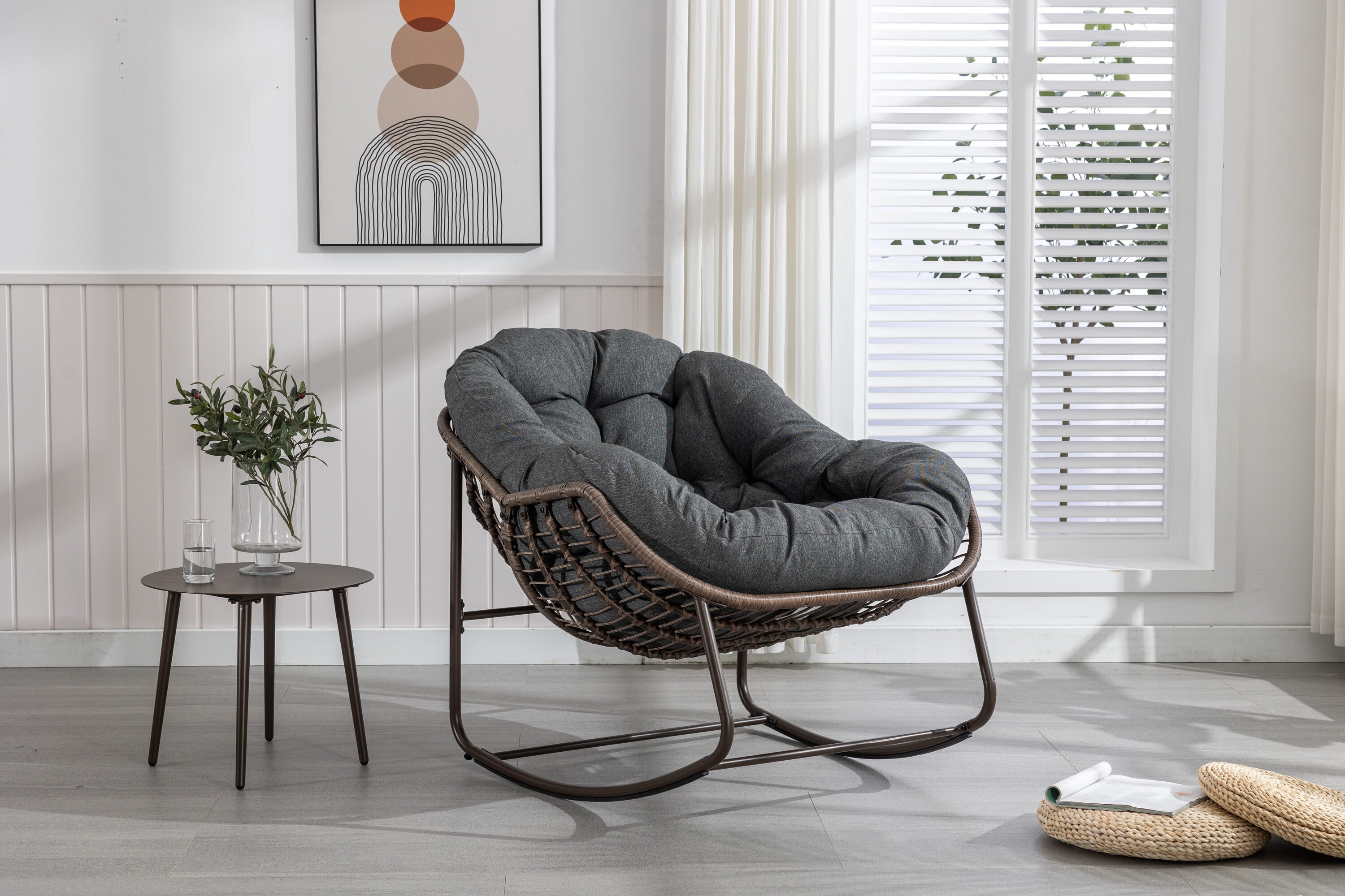 Tatayosi P-DJ-105282 1-Piece Metal Rattan Outdoor Rocking Chair Rocker Recliner Chair with Grey Cushion
