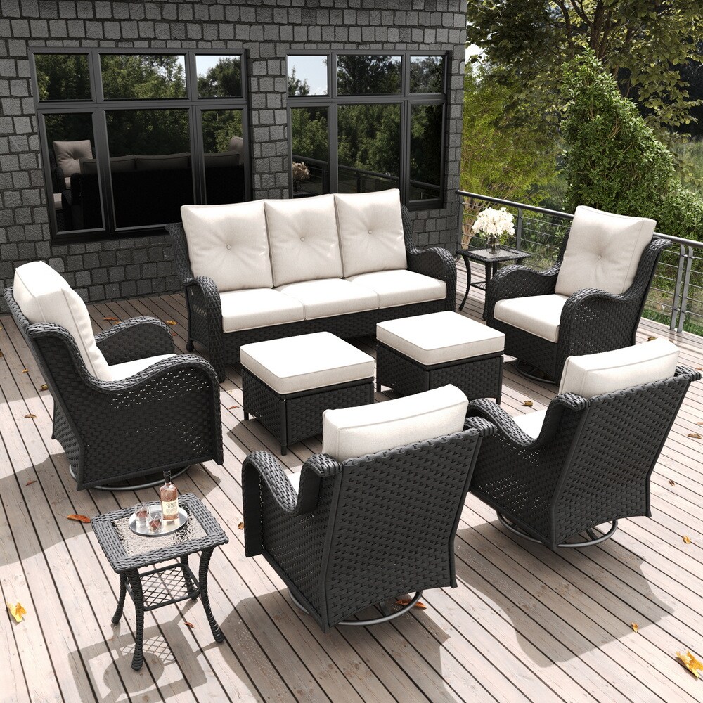 LayinSun BYT6003A-HEBEIGE-9P 9 -Piece Outdoor Rattan Patio Conversation Set with Beige Cushions
