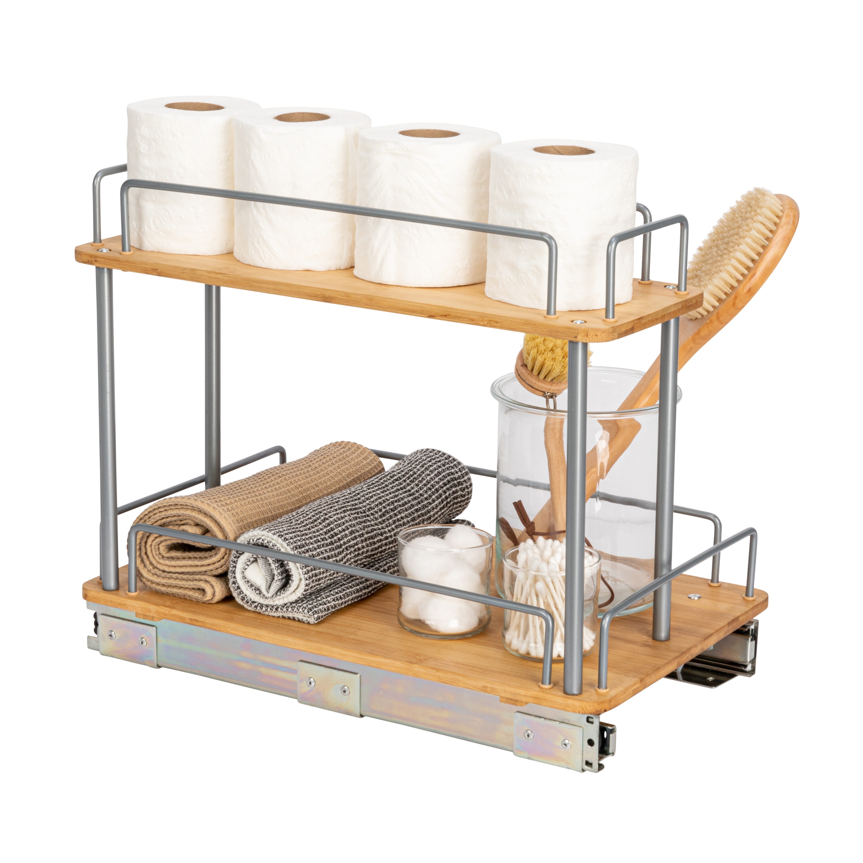 Household Essentials Glidez Steel and Bamboo PullOut/SlideOut Storage Organizer for Under Sink or Cabinet Use  2 Tier Design  Fits Standard Size Cabinet or ShelfBrushed Silver and Natural