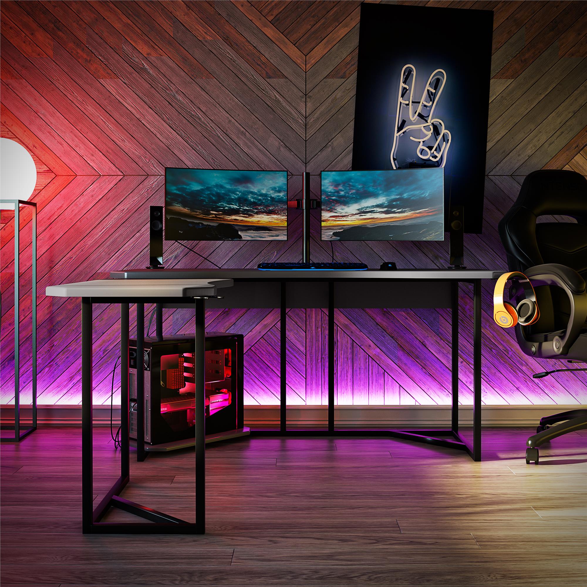 Ntense Quest Reversible L-Shape Gaming Desk with XL CPU Stand in Gray