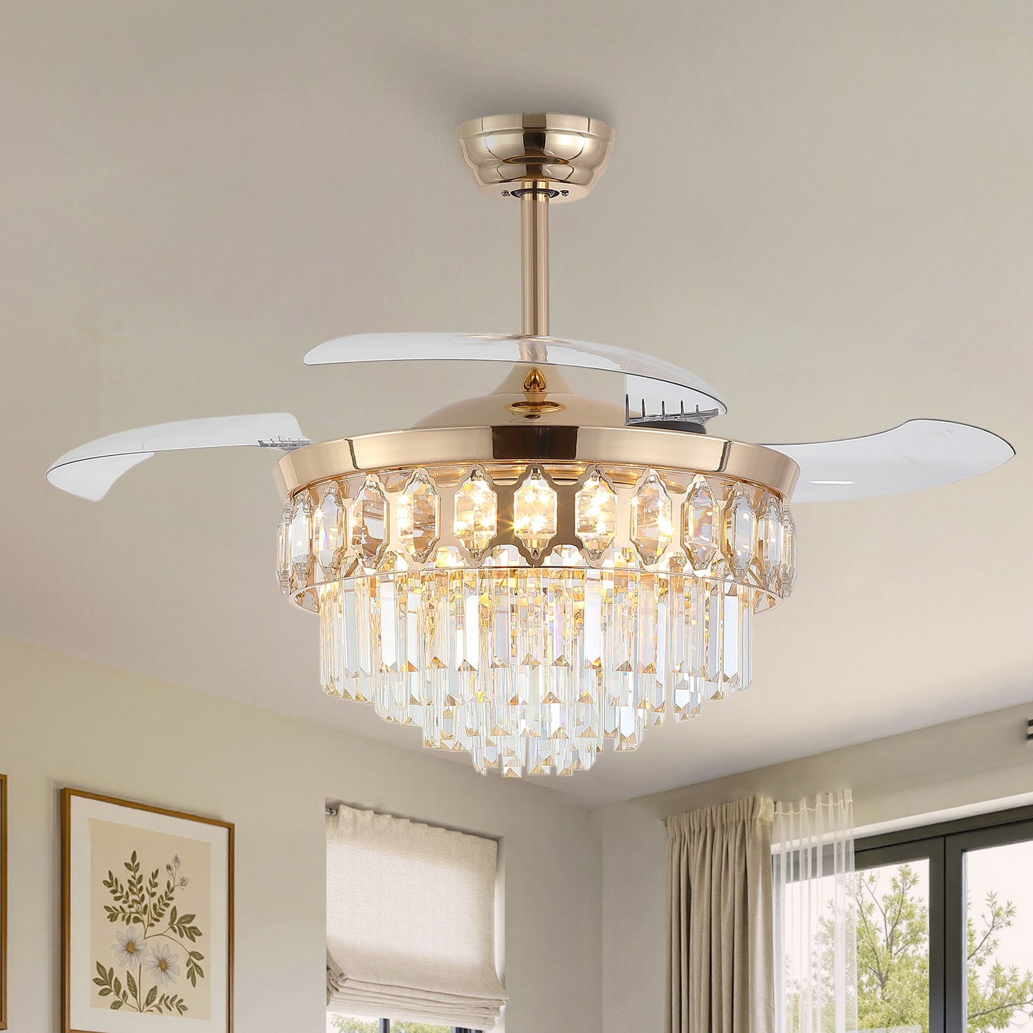 Gleam Flare 48 Inch Crystal Fandelier Ceiling Fan with Light and Retractable Blades LED Dimmable for Bedroom Living Room