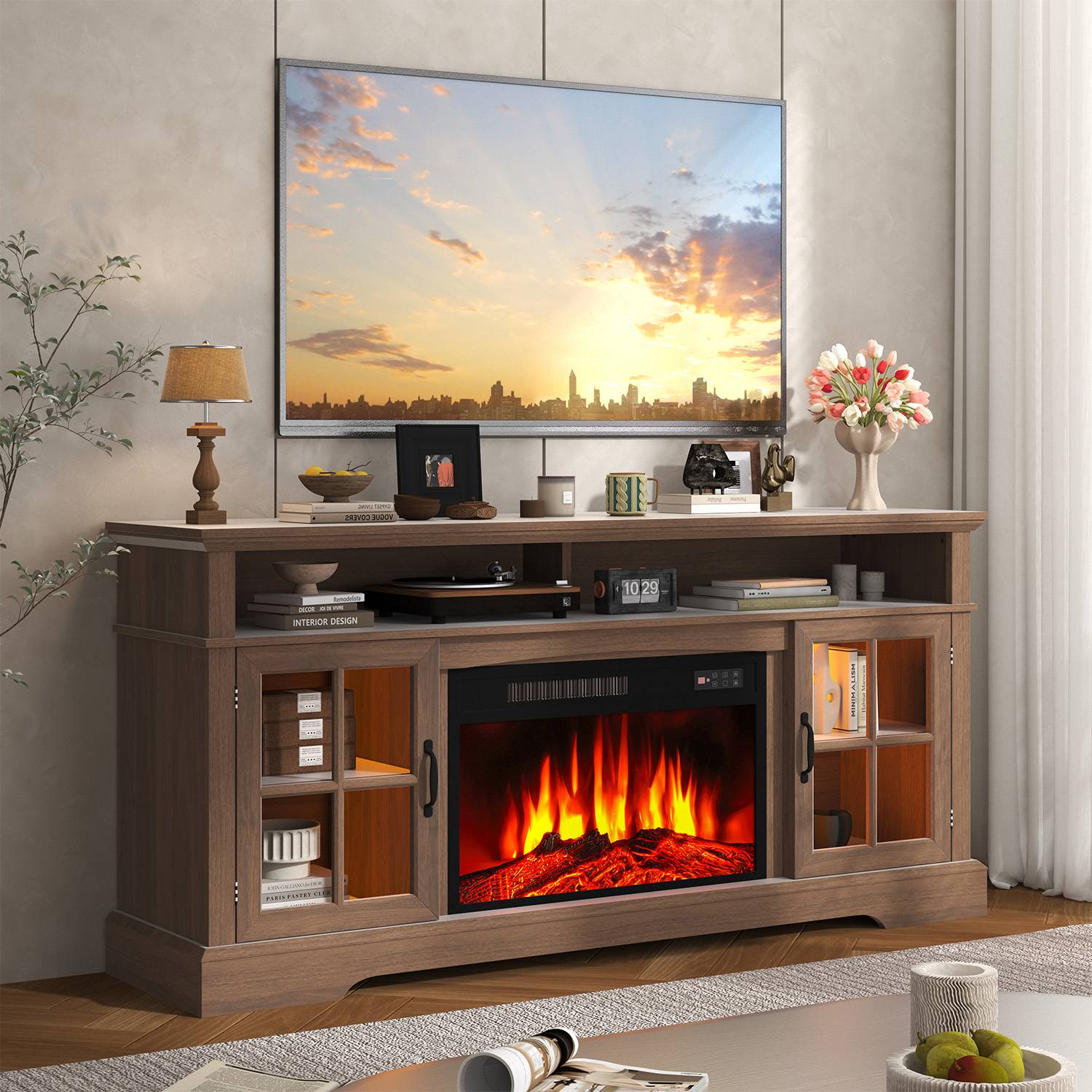 Sunmthink ST-4305823BR 58in Fireplace TV Stand with 23in Fireplace Media Entertainment Center for TVs Up to 70in Features Media Cabinet with Storage Suitable for Living Room Brown
