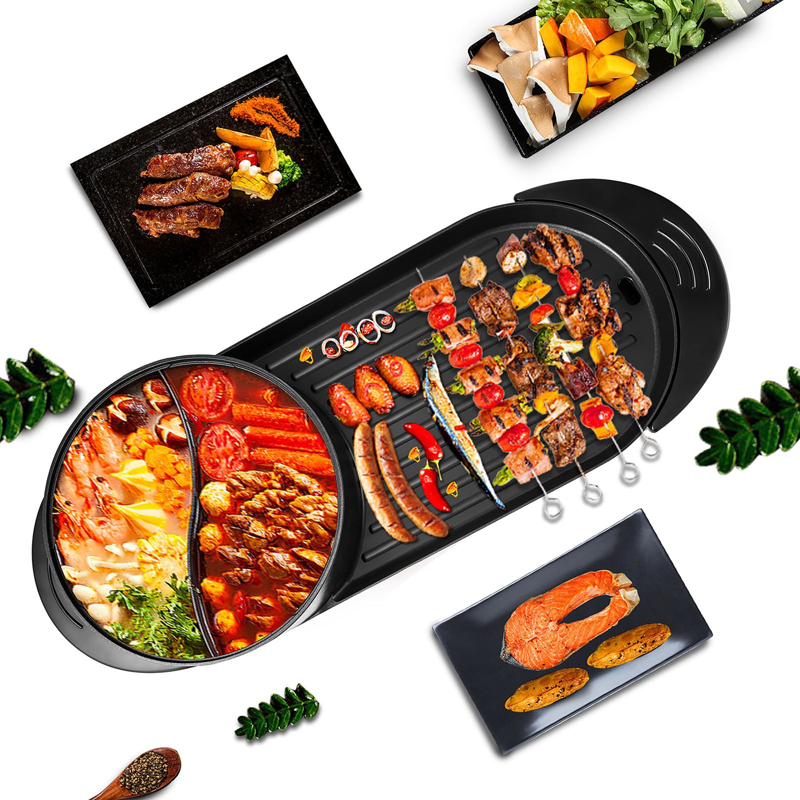 VEVOR 2 in 1 Electric BBQ Pan Grill Hot Pot Portable Hot Pot BBQ Grill 2200W FTSS2200W110VHHAWV1