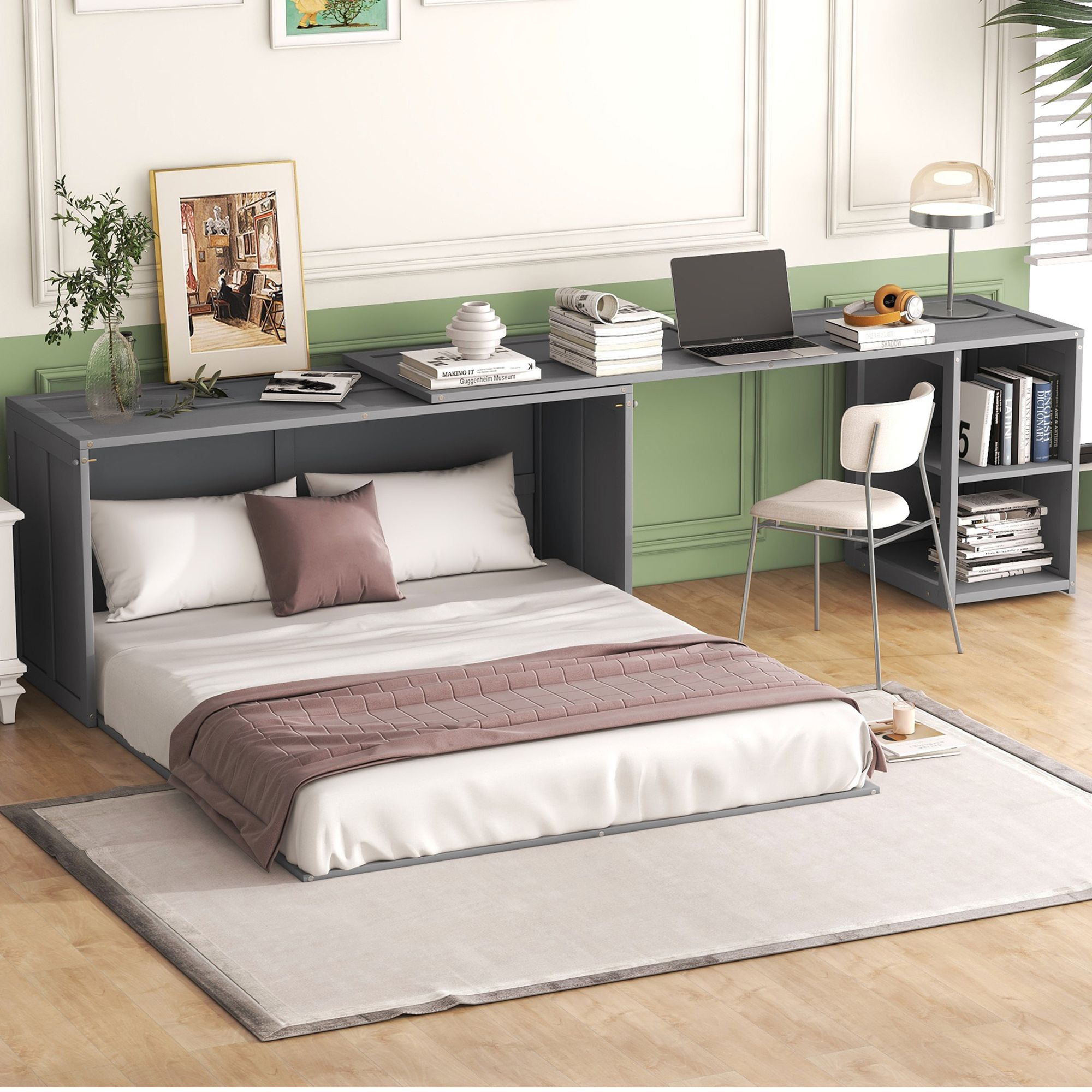 Nestfair Queen Murphy Bed With Rotable Desk Gray Contemporary Finished