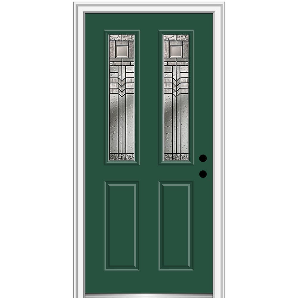 MMI DOOR ZZ3664556L 32-in x 80-in x 6-9/16-in Fiberglass Twin lite Left-hand inswing Hunter Green Painted Prehung Front Door with Brickmould Insulating core