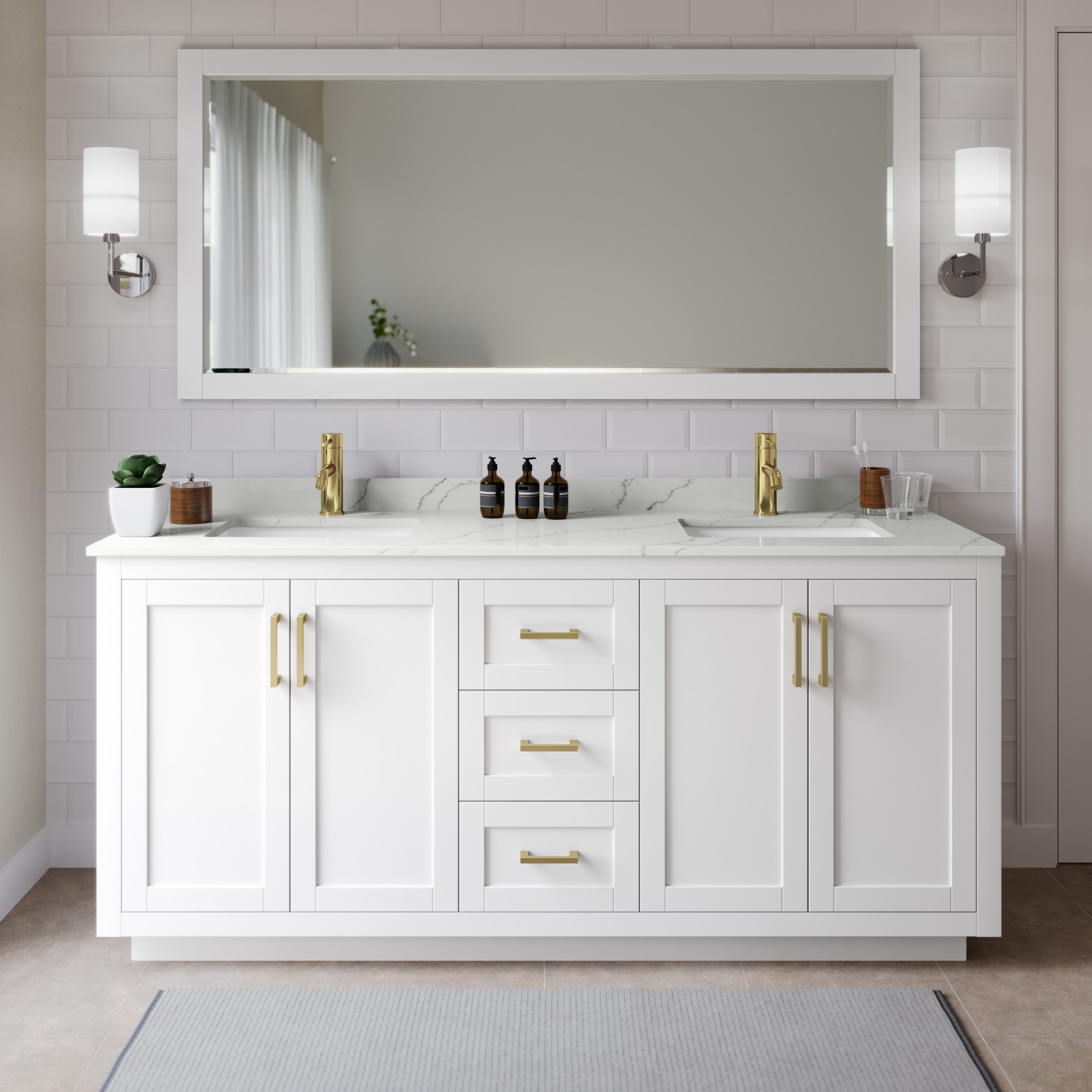 Wyndham Collection Miranda 72-in White with Brushed Gold Trim Undermount Double Sink Bathroom Vanity with Giotto Quartz Quartz Top (Mirror Included)