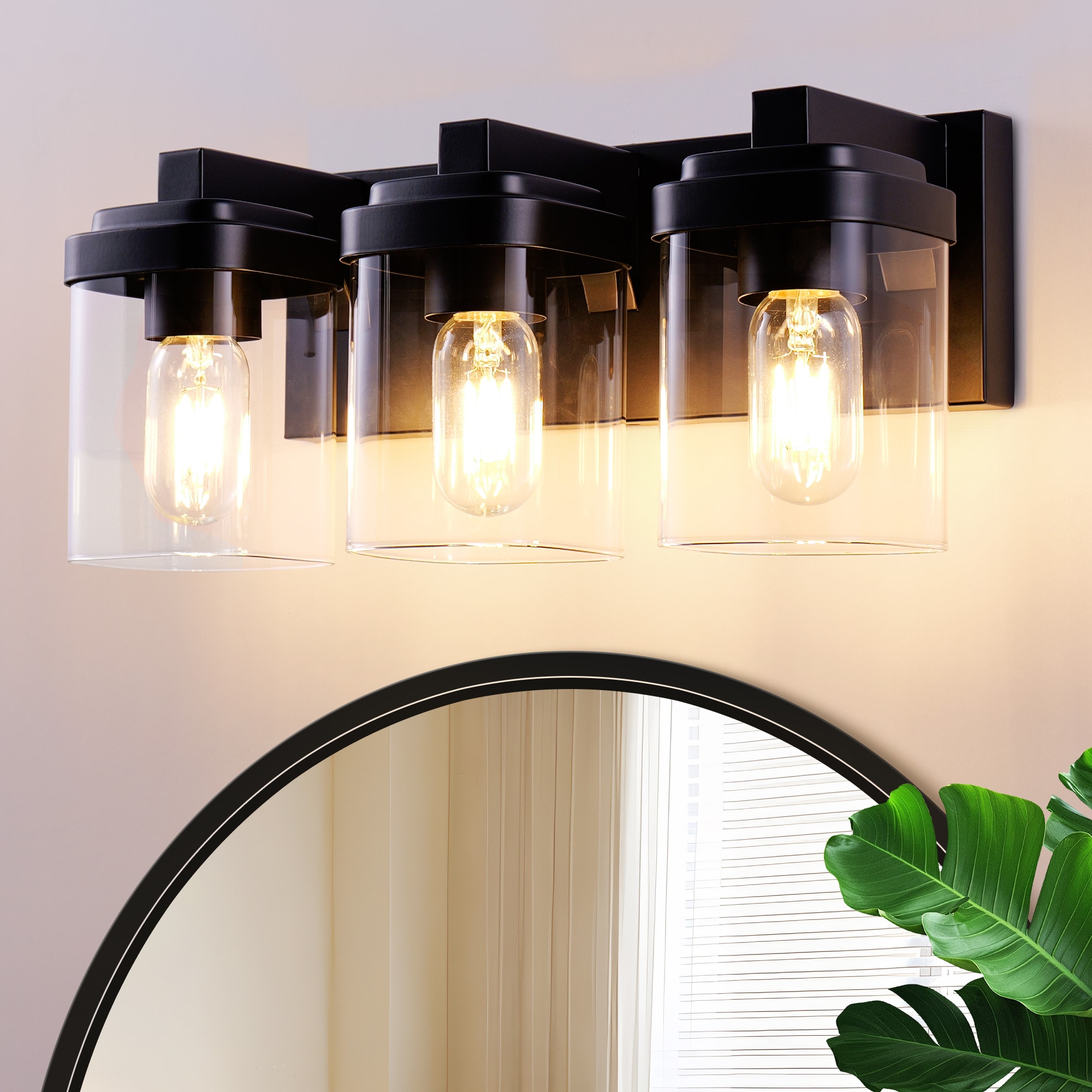 DAKAFUL 16 In 3-Light Modern Black Bathroom Vanity Light Fixtures Over Mirror with Clear Glass Shades E26 Base