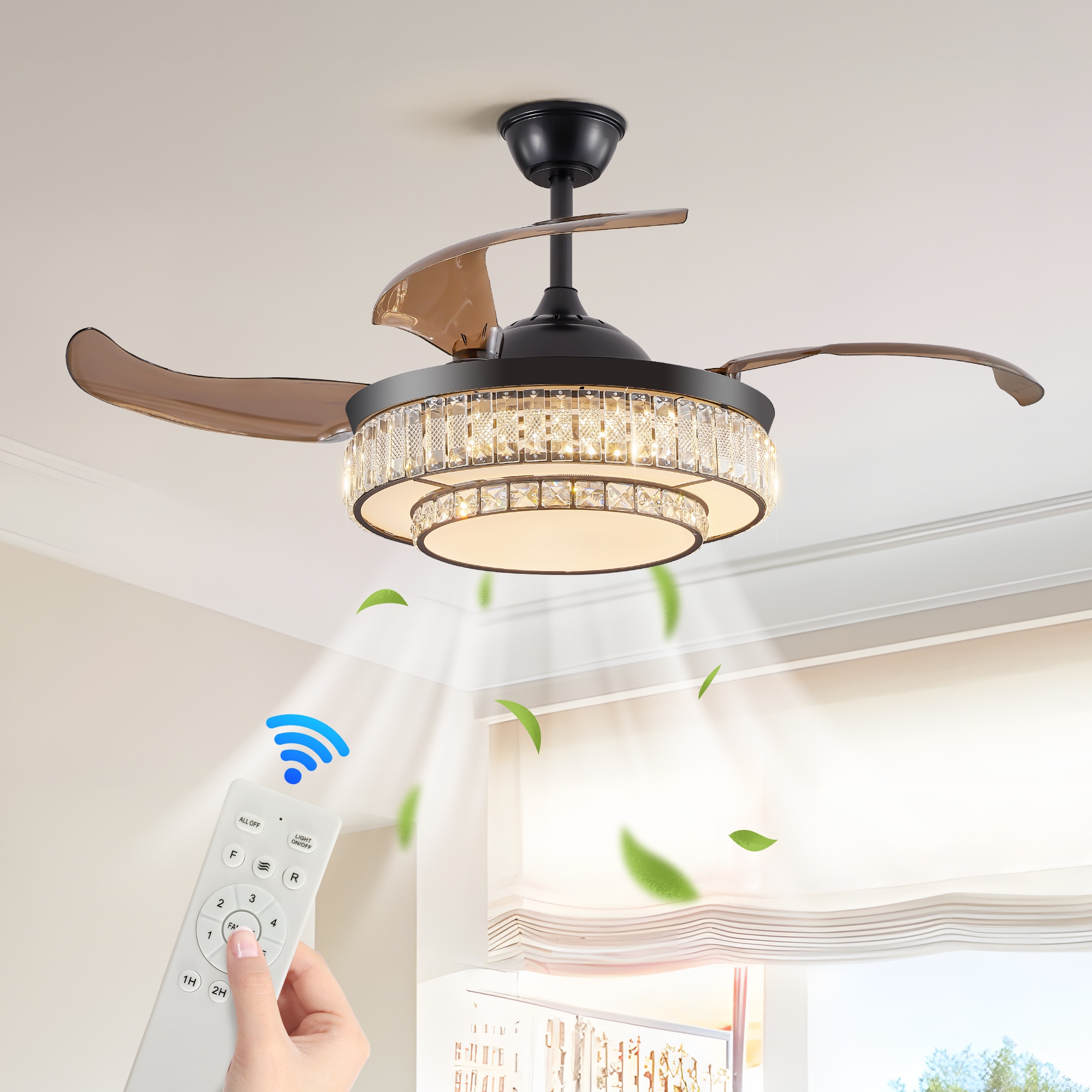 BABOOM BOM-P184909-OR 48-in Color-Changing Black with Translucent Brown ABS Blades Fandelier Ceiling Fan With Light - Remote Included ( 4 -Blade )