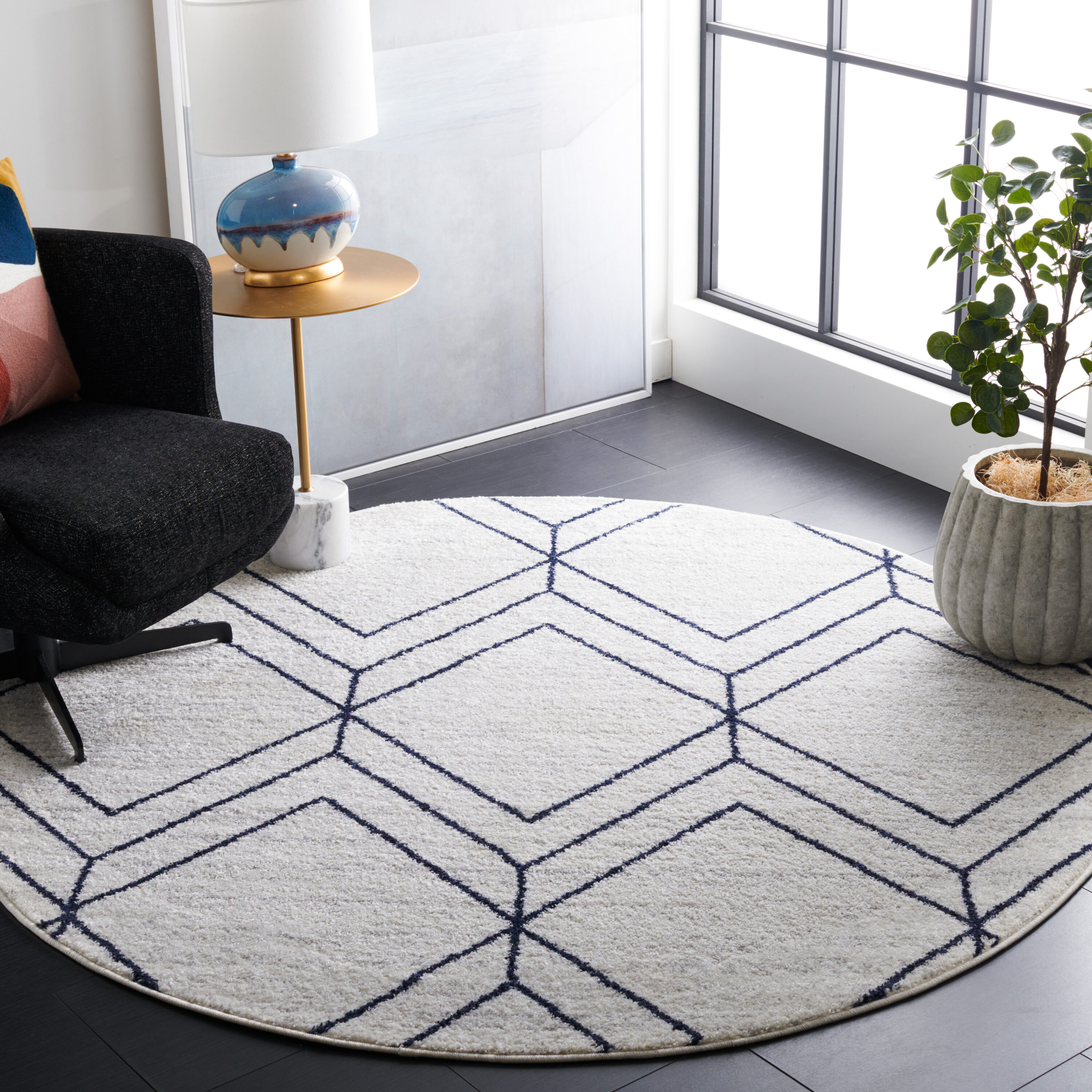 Adirondack 241N Light Grey Navy 6ft x 6ft Round Rug