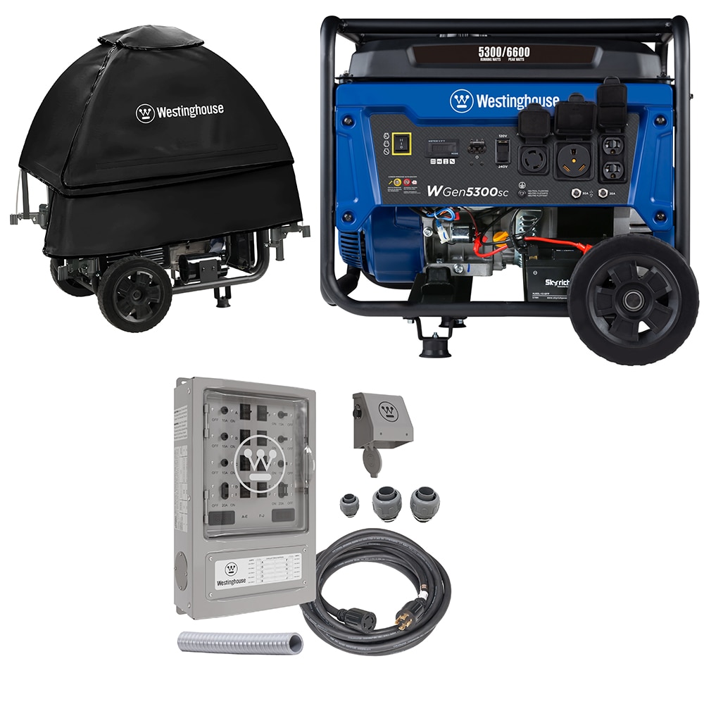 Westinghouse  WGEN5300sc Single Fuel Portable Generator, Cover, and Transfer Switch Set